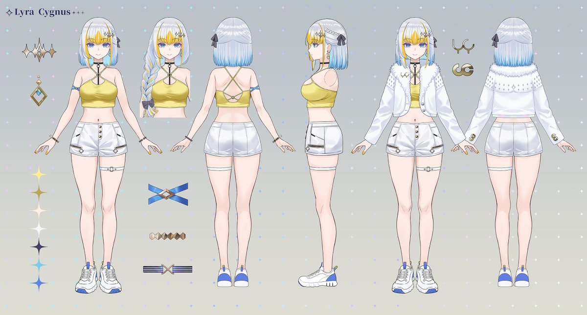 zhen lu, commentary request, official art, 1girl, blonde hair, blue hair, bracelet, braid, breasts, camisole, character name, criss-cross straps, crown braid, grey hair, hair ornament, hair over shoulder, jewelry, lyra cygnus, medium breasts, midriff, multicolored hair, navel, proxima sector, reference sheet, shoes, short shorts, shorts, single braid, sneakers, thigh strap, white shoes, white shorts, yellow camisole