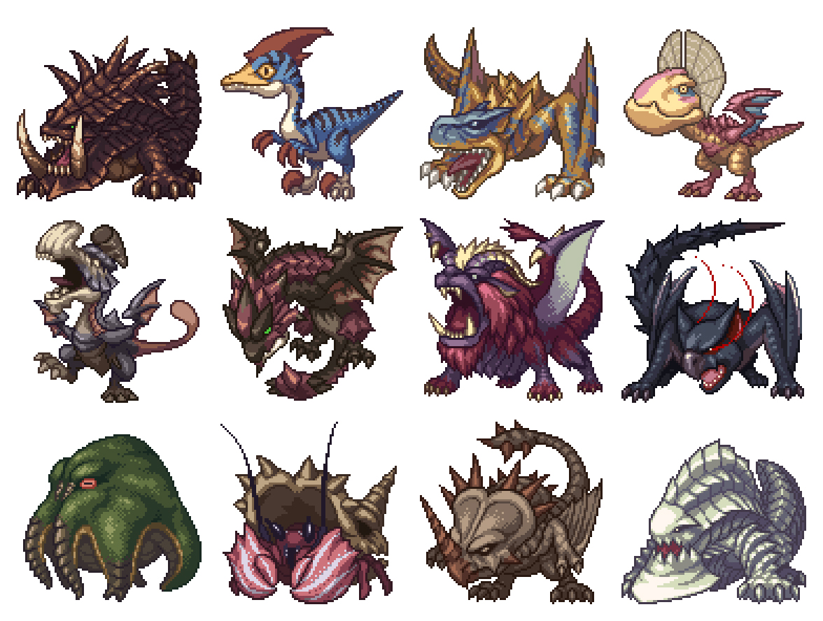 takekawa shin, akantor, daimyo hermitaur, gypceros, monoblos, nargacuga, rathalos, teostra, tigrex, ukanlos, velocidrome, yama tsukami, yian kut-ku, capcom, monster hunter (series), crab, dragon, monster, no humans, pixel art, wyvern