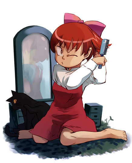 yukihiroyuki, nekomusume, gegege no kitarou, toei company, bad id, bad pixiv id, 1girl, barefoot, bow, cat, child, comb, feet, female focus, hair brush, kneeling, mirror, one eye closed, pink bow, red hair, reflection, sitting, solo, wince, wink