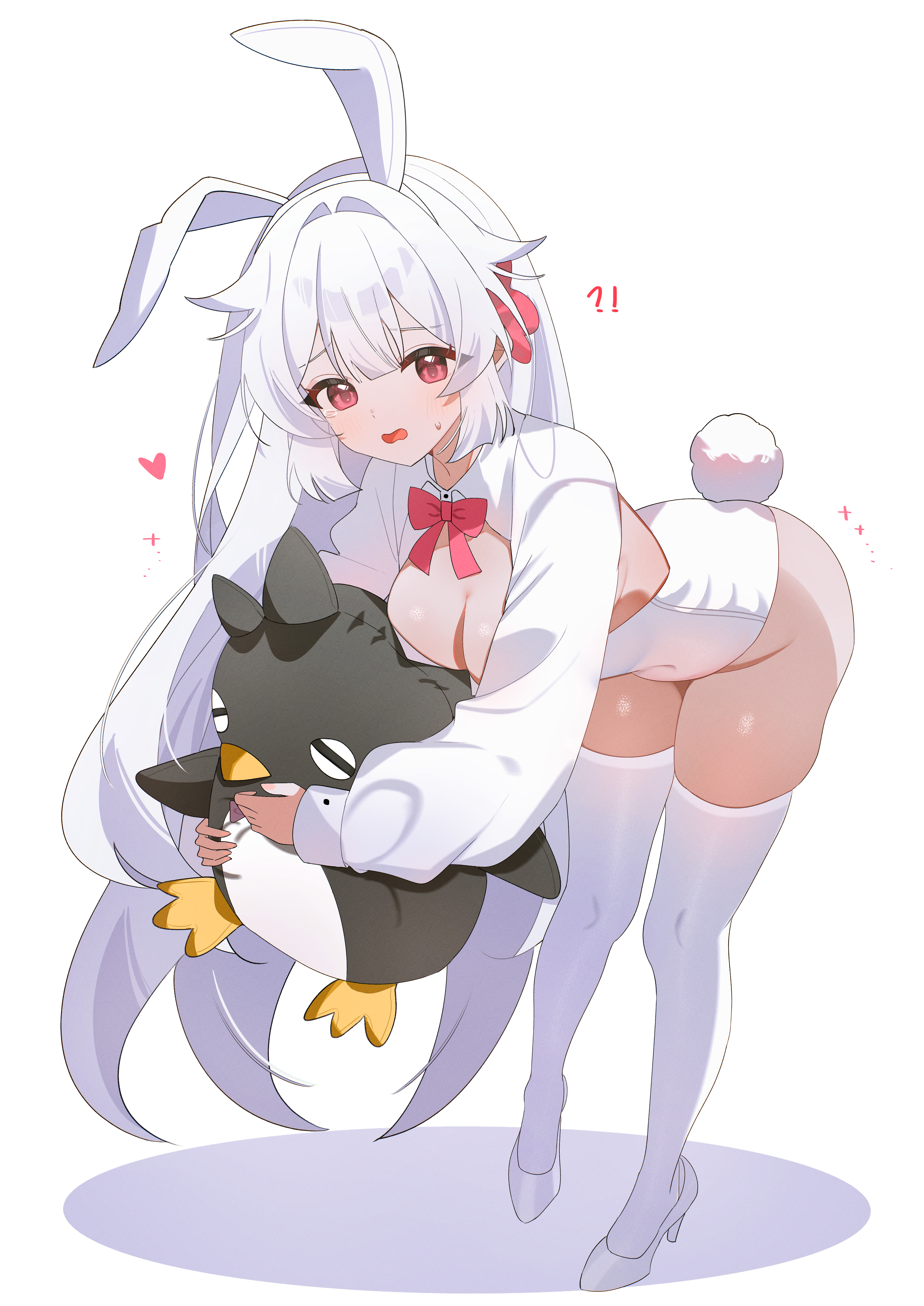 shusuchii, fuyuka (stella sora), stella sora, absurdres, commentary, highres, symbol-only commentary, 1girl, animal ears, breasts, fake animal ears, large breasts, leotard, long hair, playboy bunny, rabbit ears, rabbit tail, red eyes, shrug (clothing), solo, stuffed toy, tail, thighhighs, white hair, white leotard, white thighhighs