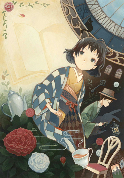suijyo ai, suijyou, alice's adventures in wonderland, acrylic paint (medium), painting (medium), traditional media, animal ears, black cat, black hair, book, cat, chair, clock, cup, different shadow, flower, glasses, hat, japanese clothes, key, kimono, lantern, rabbit ears, robe, roman numeral, rose, tea, teacup