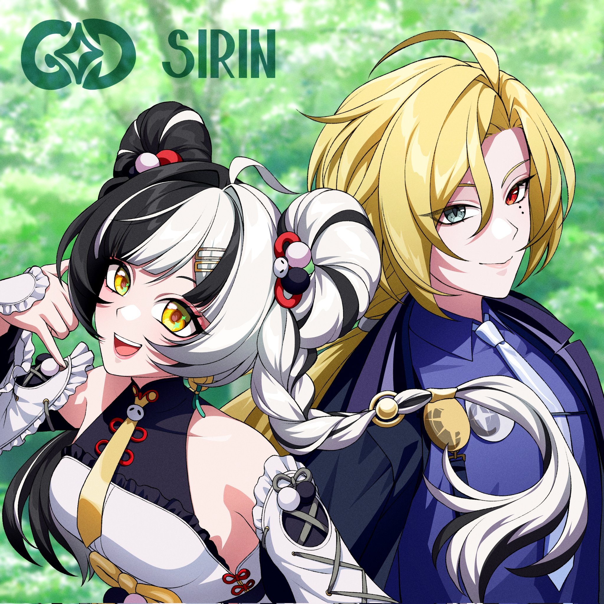 dialyn (zenless zone zero), hugo vlad, zenless zone zero, commentary, english commentary, highres, 1boy, 1girl, ahoge, artist logo, artist name, bare shoulders, black hair, blonde hair, blue coat, blue necktie, blurry, blurry background, braid, braided twintails, china dress, chinese clothes, closed mouth, coat, detached sleeves, dress, earrings, grey eyes, hair between eyes, hair extensions, hair intakes, hair ornament, hairclip, hand up, heterochromia, jewelry, logo, long hair, looking at viewer, mole, mole under eye, multicolored hair, necktie, open mouth, panda hair ornament, purple shirt, red eyes, ring hair extensions, shirt, sirin (sirinshome), smile, sparkling eyes, split-color hair, tree, upper body, white dress, white hair, yellow eyes, yellow necktie