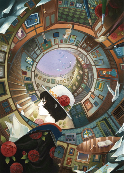 suijyo ai, suijyou, original, md5 mismatch, resolution mismatch, source larger, 1girl, art brush, black hair, book, cat, female focus, flower, from below, hat, newspaper, paintbrush, pencil, rose, solo, spiral, wooden pencil