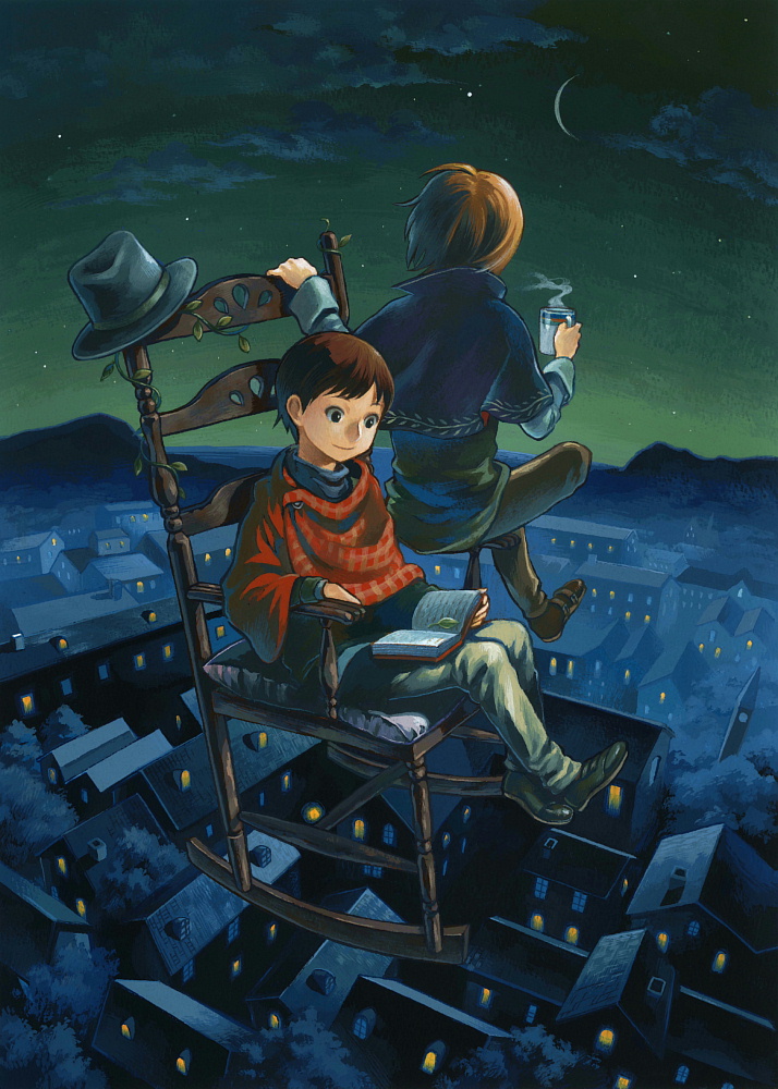 suijyo ai, suijyou, gender request, androgynous, brown hair, chair, cowboy, cowboy hat, cowboy western, crescent moon, floating, flying, hat, levitation, moon, night, poncho, reading, rocking chair, star (sky), star (symbol), town, twilight, western