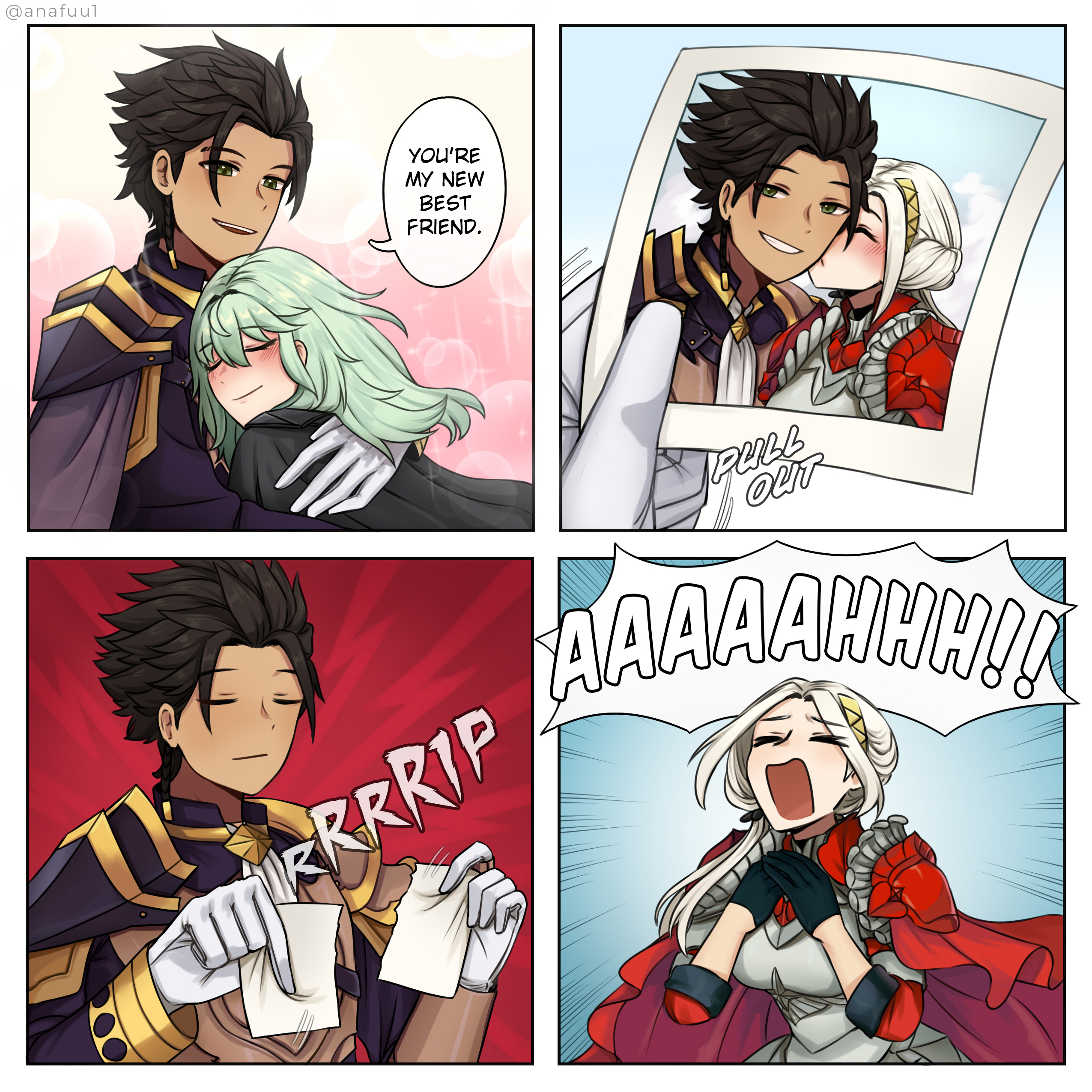 anafuu, claude von riegan, edelgard von hresvelg, female byleth (fire emblem), fire emblem, fire emblem: three houses, fire emblem warriors: three hopes, nintendo, the fairly oddparents, absurdres, highres, non-web source, 1boy, 2girls, black hair, breaking up, emblem, fire, green hair, multiple girls, scene reference, shirt, white shirt