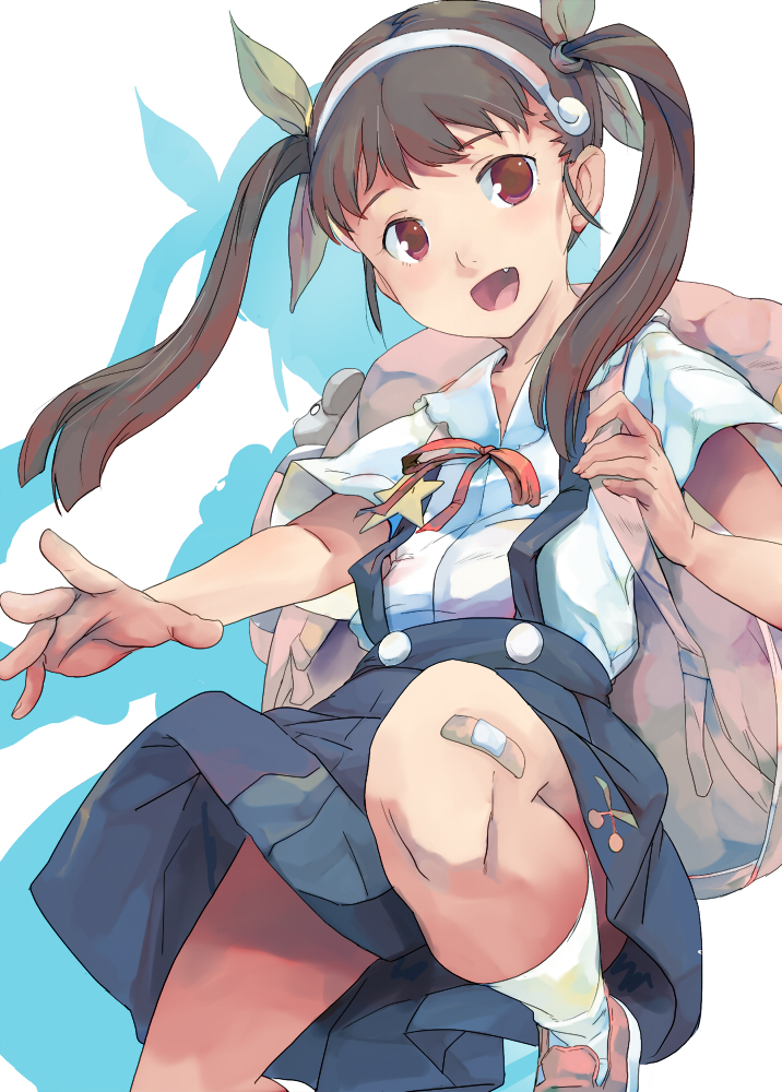 knucklecurve, hachikuji mayoi, bakemonogatari, monogatari (series), 00s, 1girl, backpack, bag, bandaid, bandaid on knee, bandaid on leg, brown hair, child, fang, female focus, hair ribbon, hairband, long hair, randoseru, ribbon, school uniform, skirt, socks, solo, stapler, twintails