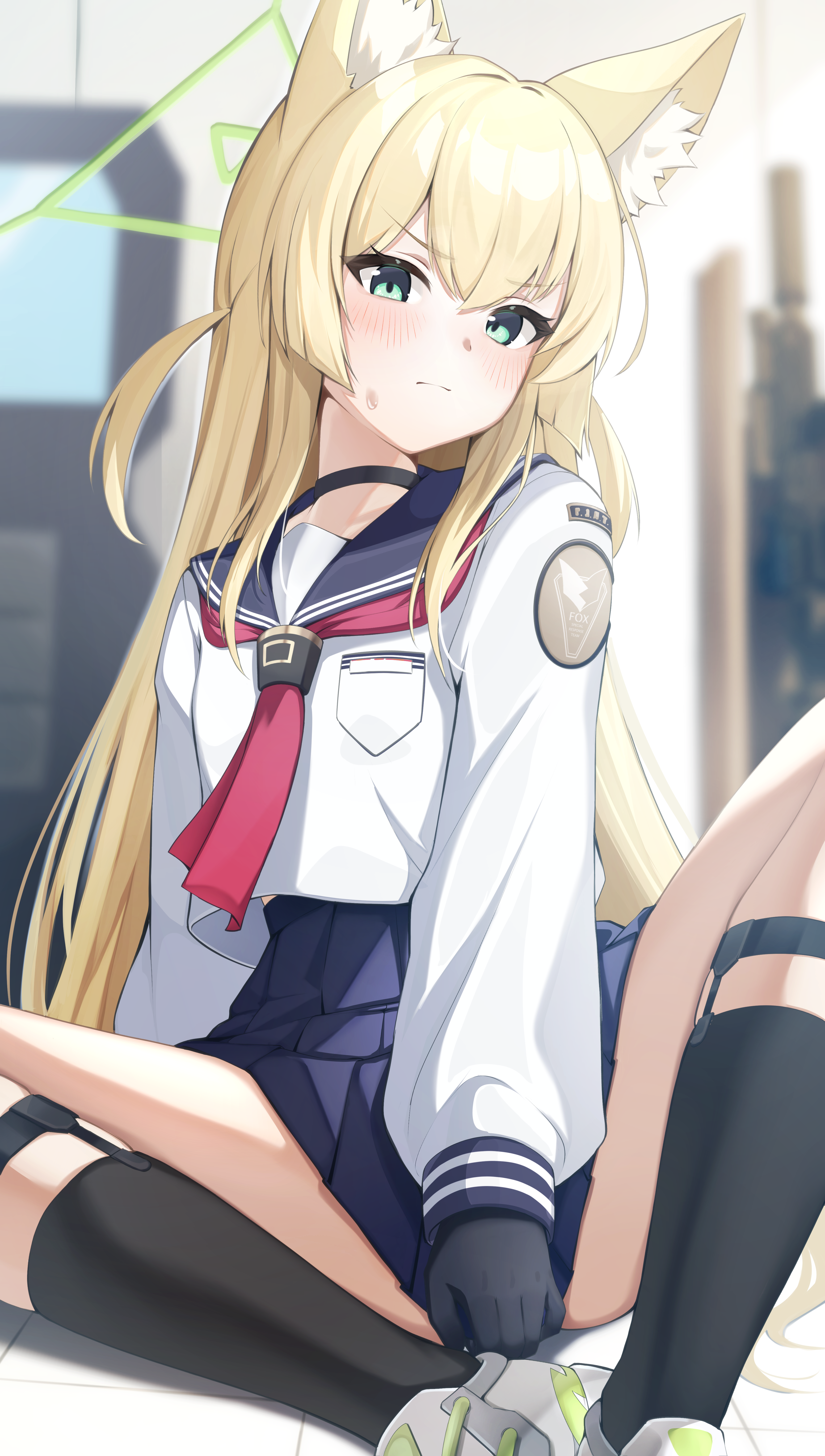 kuromiz, kurumi (blue archive), blue archive, absurdres, commentary request, highres, 1girl, animal ears, black gloves, blonde hair, flat chest, fox ears, fox girl, gloves, green eyes, green halo, halo, long hair, school uniform, skirt, solo