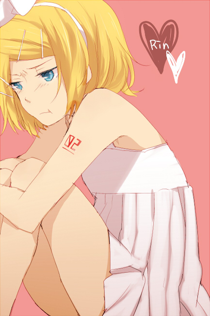 gyoniku sausage, kagamine rin, vocaloid, bad id, bad pixiv id, 1girl, :t, blonde hair, blue eyes, dress, female focus, hair ornament, hair ribbon, hairclip, hugging own legs, pout, ribbon, short dress, short hair, skirt, solo, white dress, white skirt