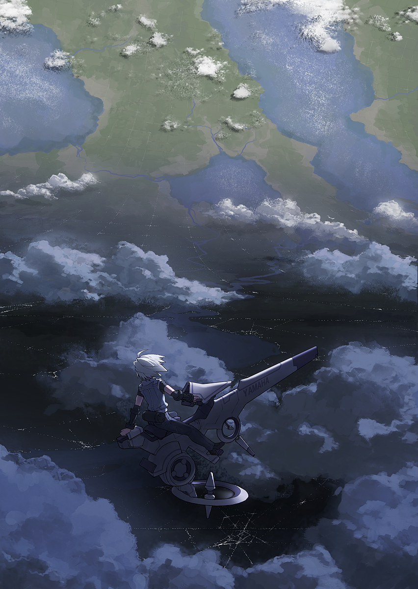 tsukuba masahiro, highres, city lights, cloud, dyson sphere, from above, hover bike, landscape, river, scenery, science fiction, short hair, solo, white hair