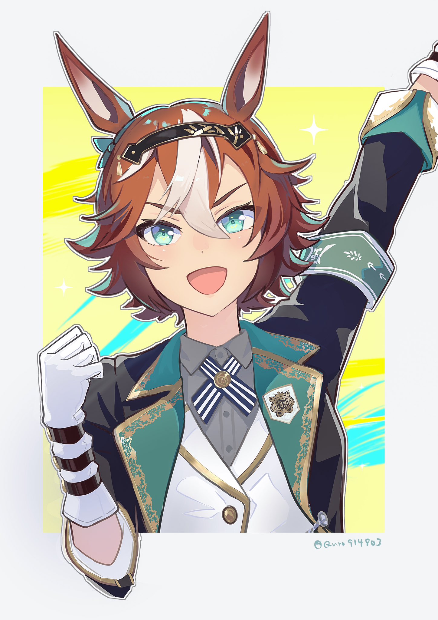 bamboo memory (ambition of the black iron) (umamusume), bamboo memory (umamusume), umamusume, commentary request, highres, 1girl, animal ears, arm up, armband, black jacket, blue eyes, blush, brown hair, collared shirt, cross tie, followers favorite challenge, gloves, green armband, grey shirt, hair between eyes, hairband, headband, horse ears, horse girl, jacket, long sleeves, looking at viewer, multicolored hair, multiple drawing challenge, open clothes, open jacket, open mouth, quro914803, shirt, short hair, smile, solo, streaked hair, upper body, vest, white gloves, white hair, white vest