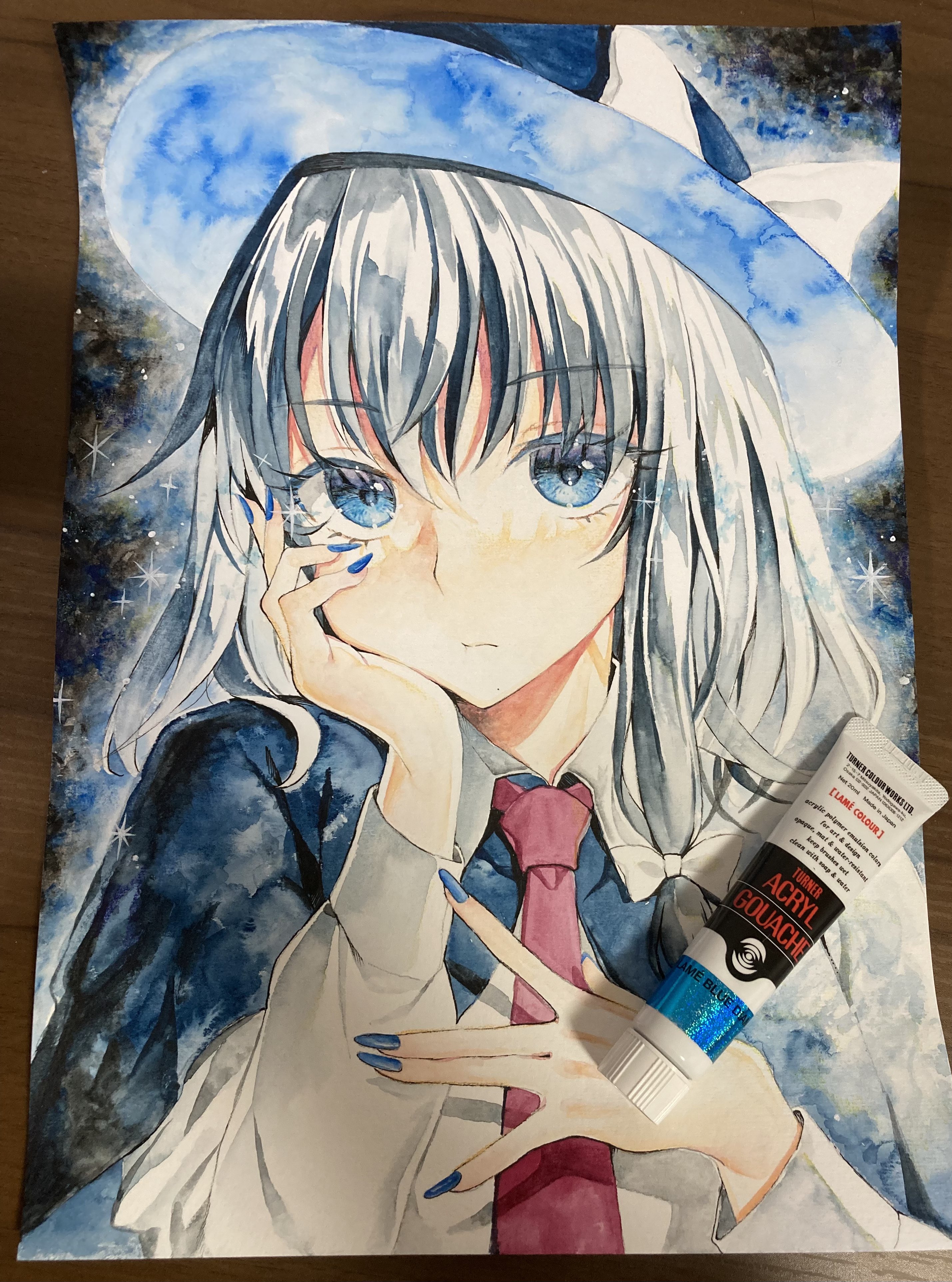 kaede (mmkeyy), usami renko, touhou, absurdres, acrylic paint (medium), commentary, highres, painting (medium), photo (medium), traditional media, 1girl, alternate hat color, art tools in frame, asymmetrical hair, black capelet, black hair, blue eyes, blue hat, blue nails, bow, capelet, collared shirt, four-pointed star, hair bow, hand on own cheek, hand on own chin, hand on own face, hat, hat bow, long sleeves, looking at viewer, necktie, night, night sky, paint, red necktie, shirt, sky, solo, star (symbol), upper body, white bow, white shirt