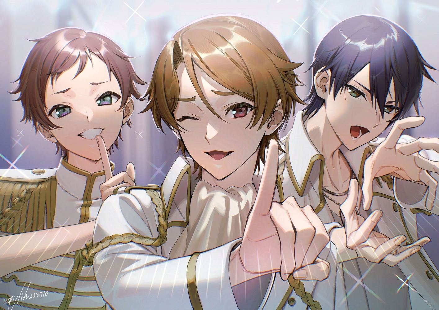 akua, shou (pretty rhythm), pretty rhythm, pretty rhythm aurora dream, pretty series, commentary request, 3boys, black eyes, black hair, brown eyes, brown hair, epaulettes, hand up, hands up, idol, idol clothes, jacket, long sleeves, looking at viewer, male focus, multiple boys, one eye closed, open mouth, short hair, smile, sparkle, toudou hibiki, upper body, wataru (pretty rhythm), white jacket