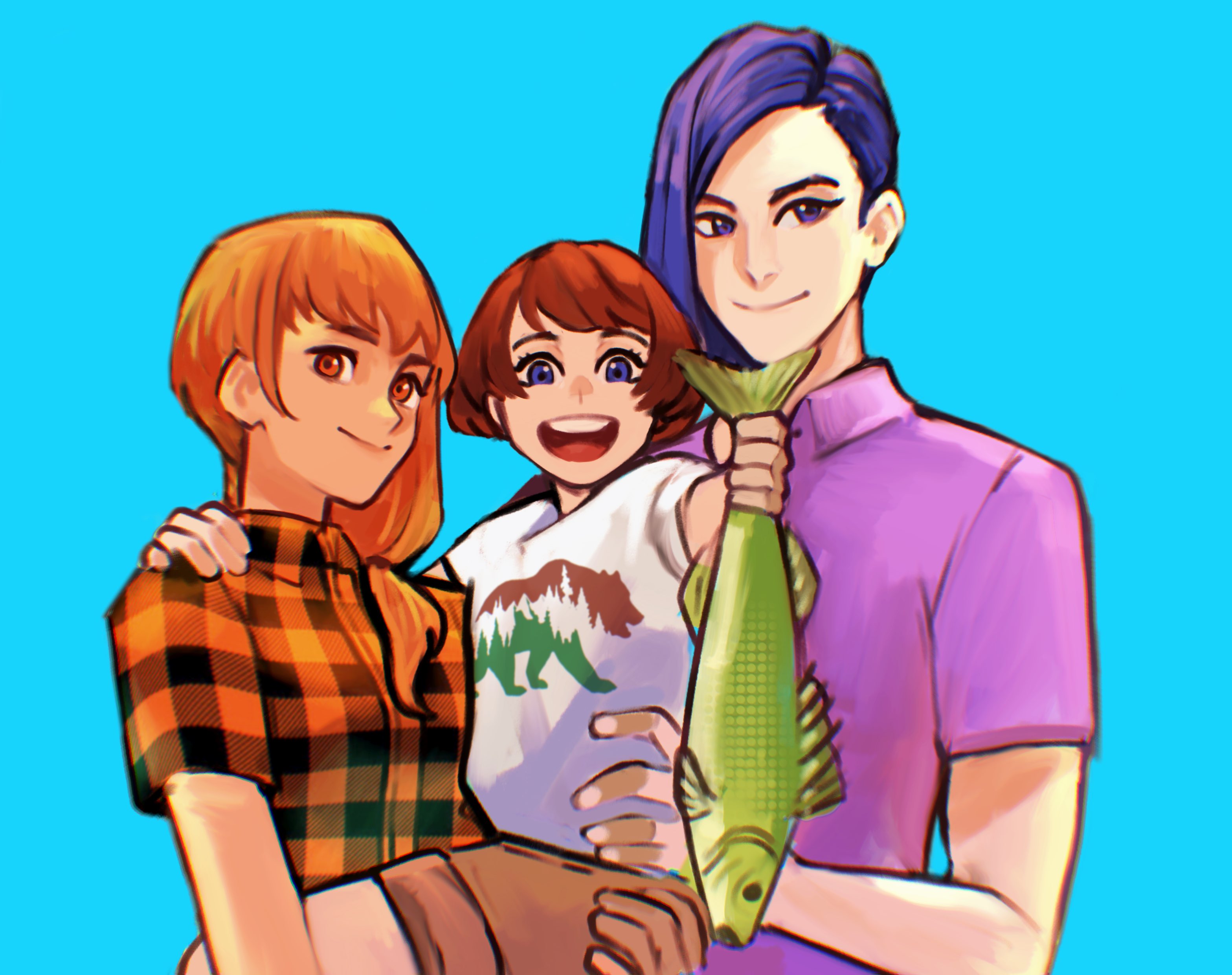 sethkiel, leonie pinelli, leonie pinelli (timeskip), lorenz hellman gloucester, lorenz hellman gloucester (timeskip), fire emblem, fire emblem: three houses, nintendo, absurdres, highres, family, fish, flannel, holding, orange eyes, orange hair, purple eyes, purple hair