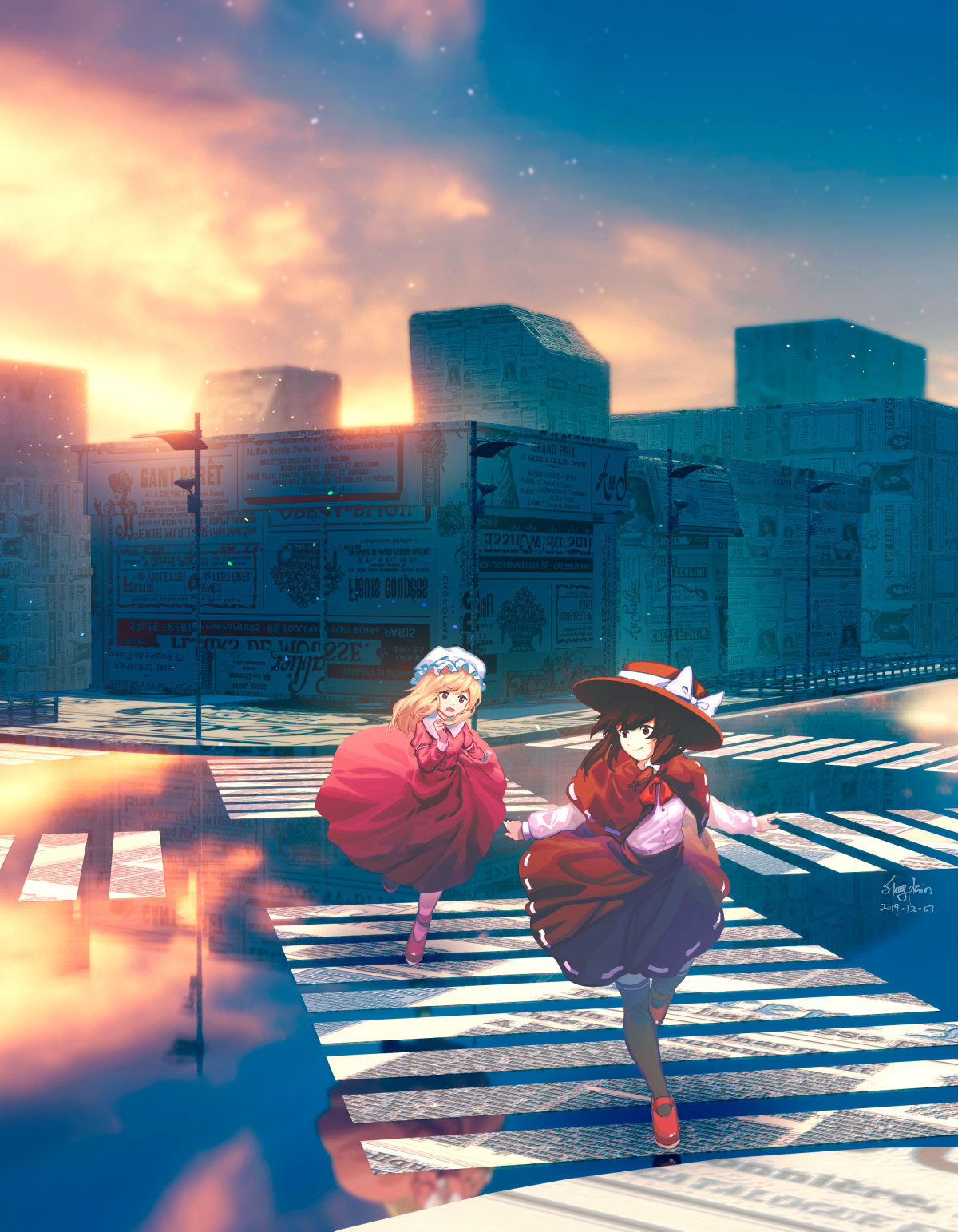 furahata gen, maribel hearn, usami renko, touhou, highres, translation request, 2girls, alternate eye color, annoyed, artist name, black capelet, black hat, black skirt, black thighhighs, blonde hair, bow, brown eyes, brown hair, buttons, capelet, closed mouth, cloud, collared dress, contrast collar, dated, dress, dress shirt, evening, hat, hat bow, long dress, long sleeves, mary janes, medium hair, mob cap, multiple girls, newspaper, open mouth, outstretched arms, pink dress, pink shoes, red eyes, red shoes, reflection, road, shirt, shoes, skirt, sky, sleeve cuffs, smile, socks, spread arms, star (sky), street, sunset, thighhighs, walking, white hat, white shirt, white socks