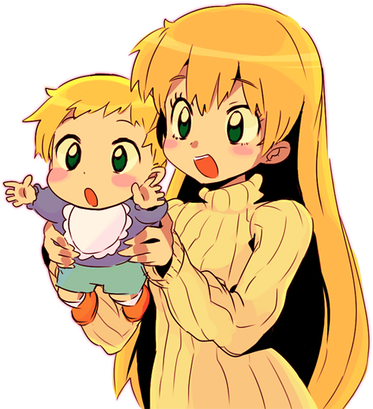 rawan, kouzuki miyu, ruu (daa! daa! daa!), daa! daa! daa!, bad id, bad pixiv id, 1girl, :d, baby, bib, blonde hair, blush stickers, green eyes, long hair, open mouth, outstretched arms, outstretched hand, reaching, simple background, smile, sweater