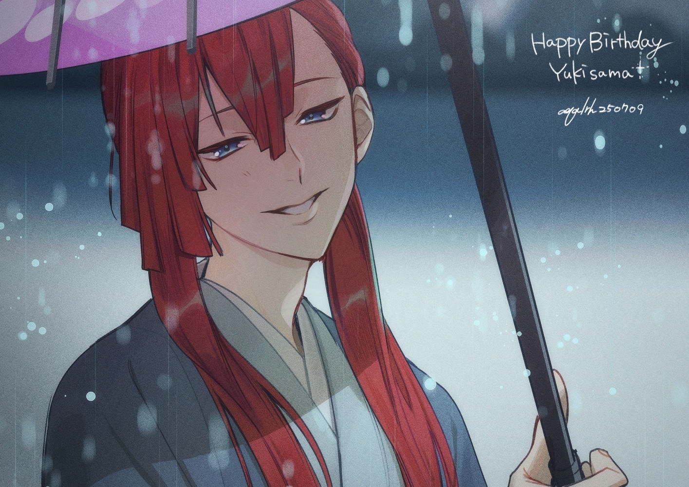 akua, tachibana yukinojou, pretty rhythm, pretty series, commentary request, 1boy, blue eyes, blunt bangs, character name, dated, hair between eyes, happy birthday, holding, holding umbrella, king of prism, long hair, looking at viewer, male focus, oil-paper umbrella, red hair, smile, snowing, solo, umbrella, upper body