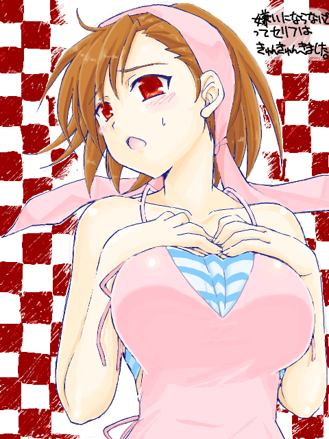 tegaki blog, tanigawa yuzu, devil survivor (series), devil survivor 1, striped, 1girl, bandana, bandeau, blush, breasts, brown hair, camisole, female focus, large breasts, red eyes, short hair, solo, strapless, tegaki, tube top