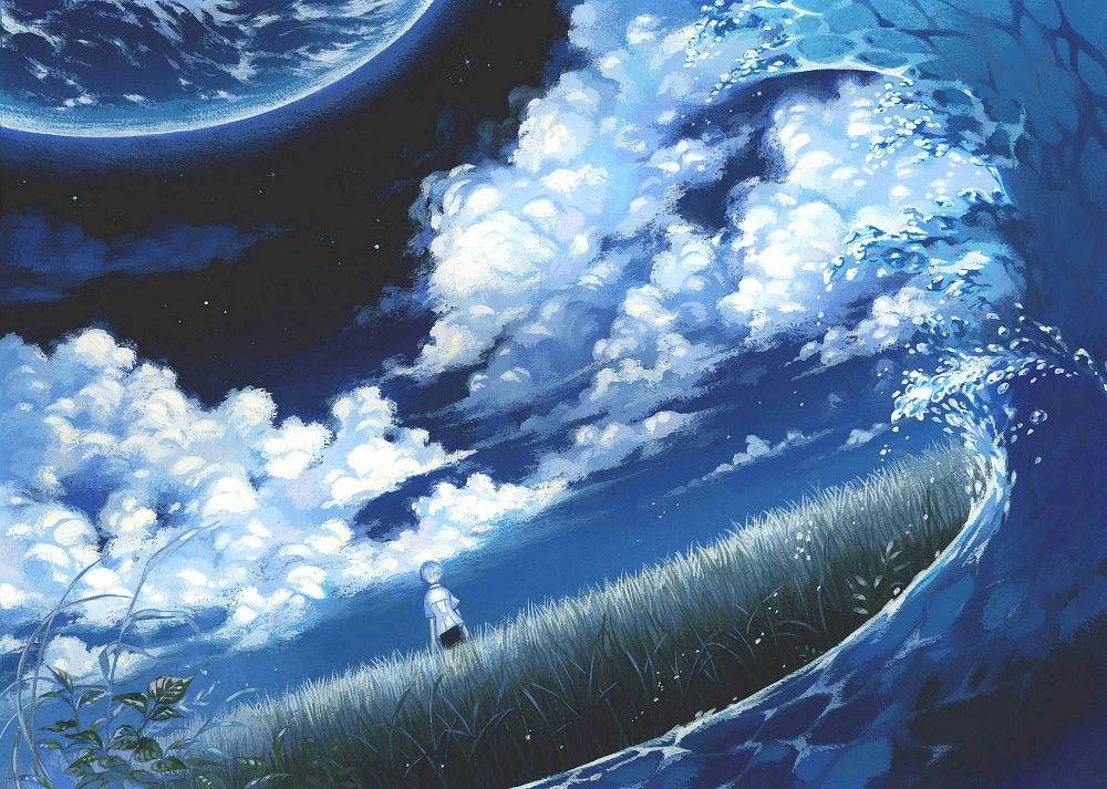 suijyo ai, suijyou, acrylic paint (medium), painting (medium), traditional media, blouse, blue theme, cloud, grass, night, planet, shirt, sky, solo, star (sky), star (symbol), starry sky, water, waves, white hair, white shirt