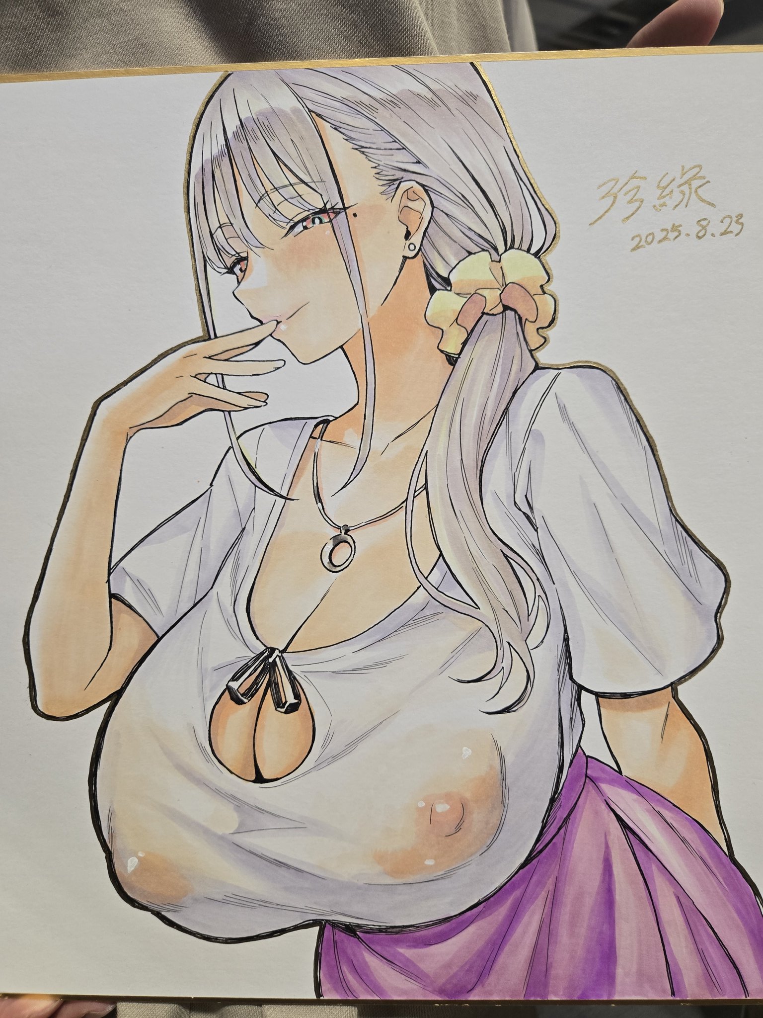zhen lu, original, commentary request, highres, marker (medium), photo (medium), traditional media, 1girl, arm behind back, breasts, cleavage, cleavage cutout, clothing cutout, covered erect nipples, grey hair, hair ornament, hair over shoulder, hair scrunchie, huge breasts, jewelry, mole, mole under eye, naughty face, necklace, orange eyes, ponytail, purple skirt, scrunchie, see-through clothes, see-through shirt, shirt, sidelocks, skirt, smile, solo, upper body