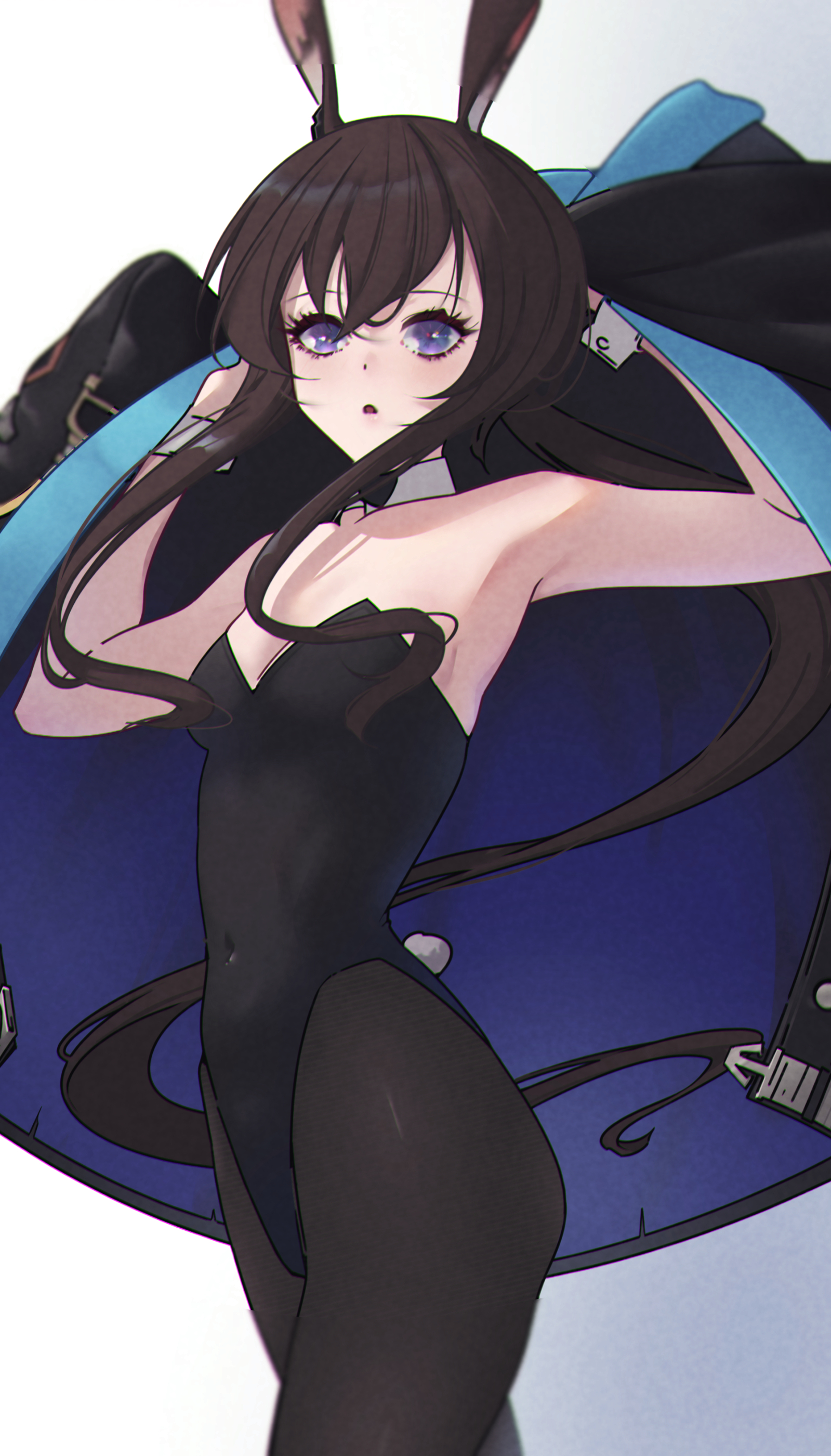 kimo suna, amiya (arknights), arknights, absurdres, commentary request, highres, 1girl, animal ears, armpits, black leotard, black pantyhose, breasts, brown hair, covered navel, cowboy shot, detached collar, hair between eyes, leotard, long hair, long sidelocks, open mouth, pantyhose, playboy bunny, purple eyes, rabbit ears, rabbit girl, rabbit tail, sidelocks, small breasts, solo, strapless, strapless leotard, tail, wrist cuffs