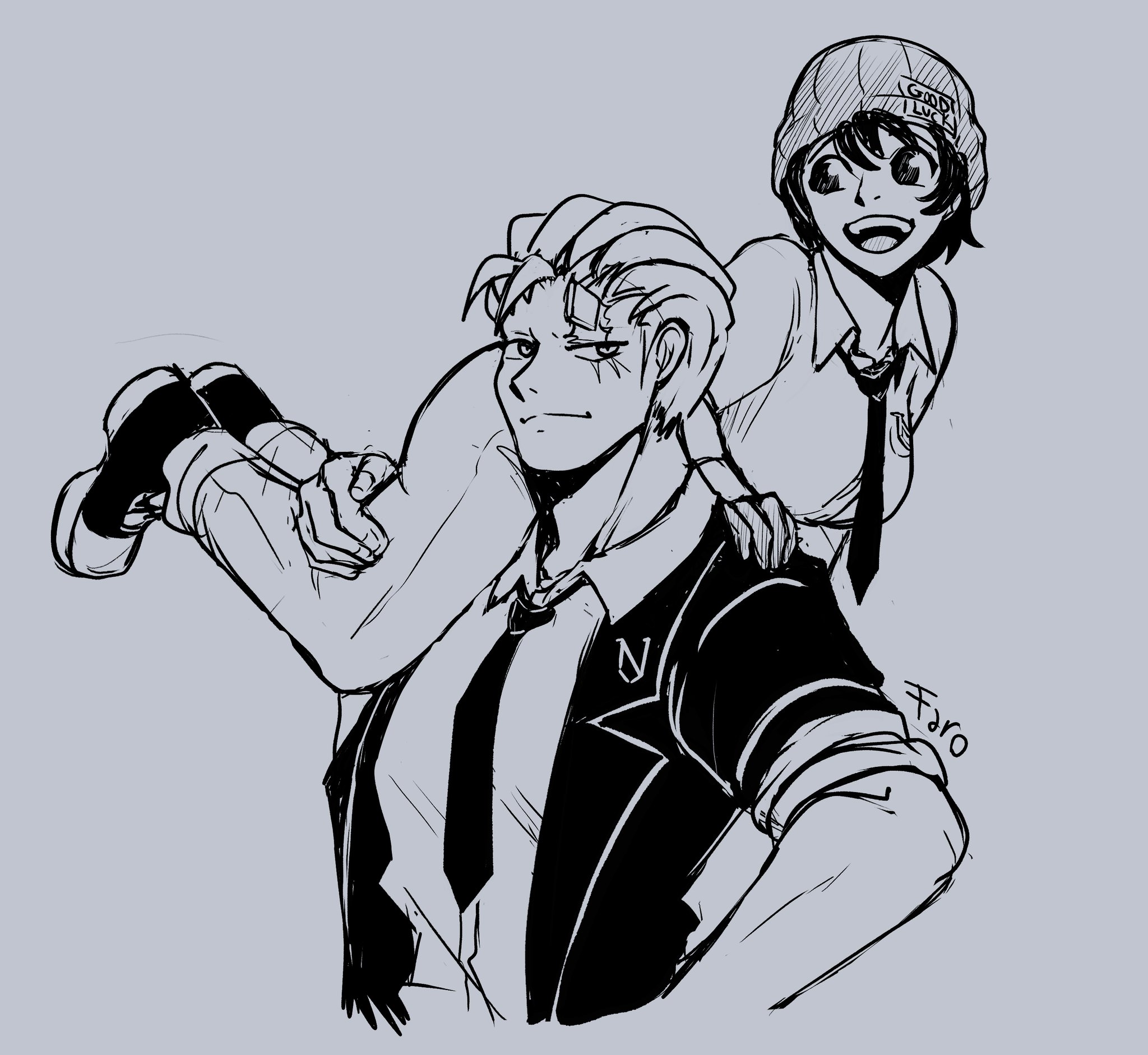 andy (undead unluck), izumo fuuko, undead unluck, highres, beanie, black hair, black shirt, breasts, carrying, carrying person, couple, full body, gloves, greyscale, hat, large breasts, monochrome, necktie, shirt, smile, thick thighs, thighs, union emblem (undead unluck), upper body, white hair, white shirt