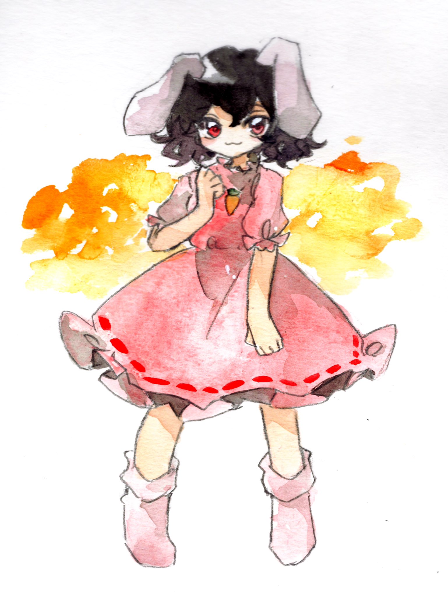 key747h, inaba tewi, touhou, commentary, highres, painting (medium), traditional media, watercolor (medium), 1girl, :3, animal ears, bare arms, black hair, carrot necklace, dress, frilled sleeves, frills, full body, jewelry, looking at viewer, lop rabbit ears, necklace, no shoes, pink dress, pink socks, puffy short sleeves, puffy sleeves, rabbit ears, rabbit girl, red eyes, short hair, short sleeves, simple background, socks, solo, white background