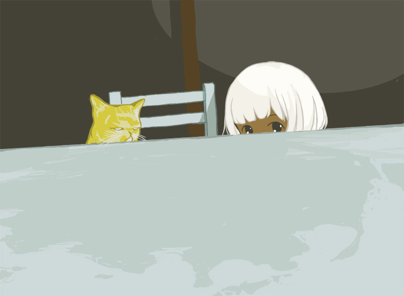 kuchibiru (lipblue), bad id, bad pixiv id, cat, chair, dark-skinned female, dark skin, peeking, solo, table, white hair