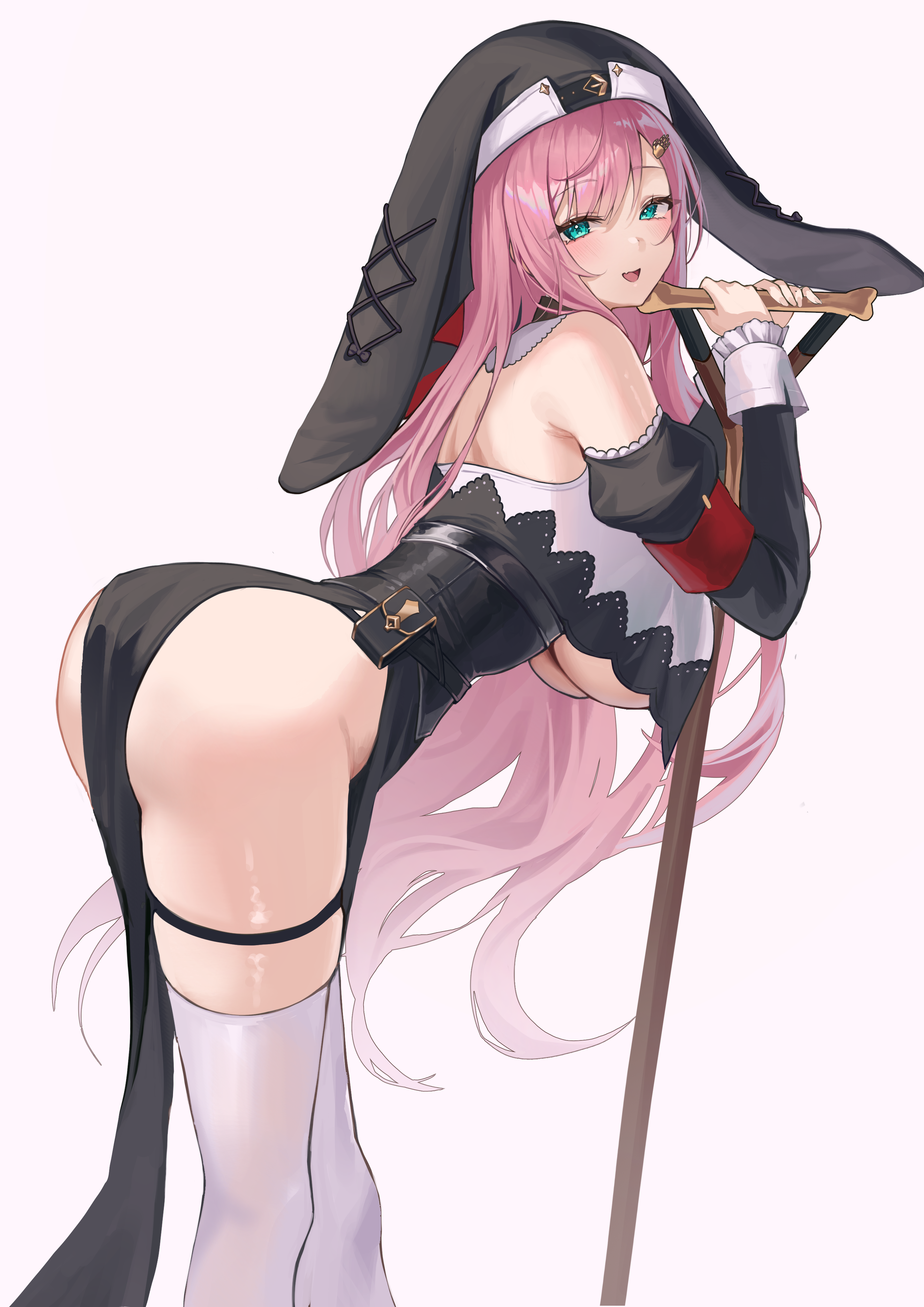 gerie (stella sora), stella sora, absurdres, commentary request, highres, korean commentary, 1girl, aqua eyes, armband, ass, back, bare shoulders, belt, belt pouch, black belt, black dress, black veil, blush, breasts, cleavage, detached sleeves, dress, fang, from side, hair between eyes, hair ornament, hand hair ornament, holding, holding shovel, holding weapon, large breasts, leaning forward, long hair, long sleeves, looking at viewer, nun, open mouth, pelvic curtain, pink hair, pouch, puffy detached sleeves, puffy sleeves, red armband, ryu00, shovel, sidelocks, simple background, skin fang, sleeve cuffs, solo, standing, thigh strap, thighhighs, thighs, turning head, two-sided veil, underboob, veil, very long hair, weapon, white background, white thighhighs