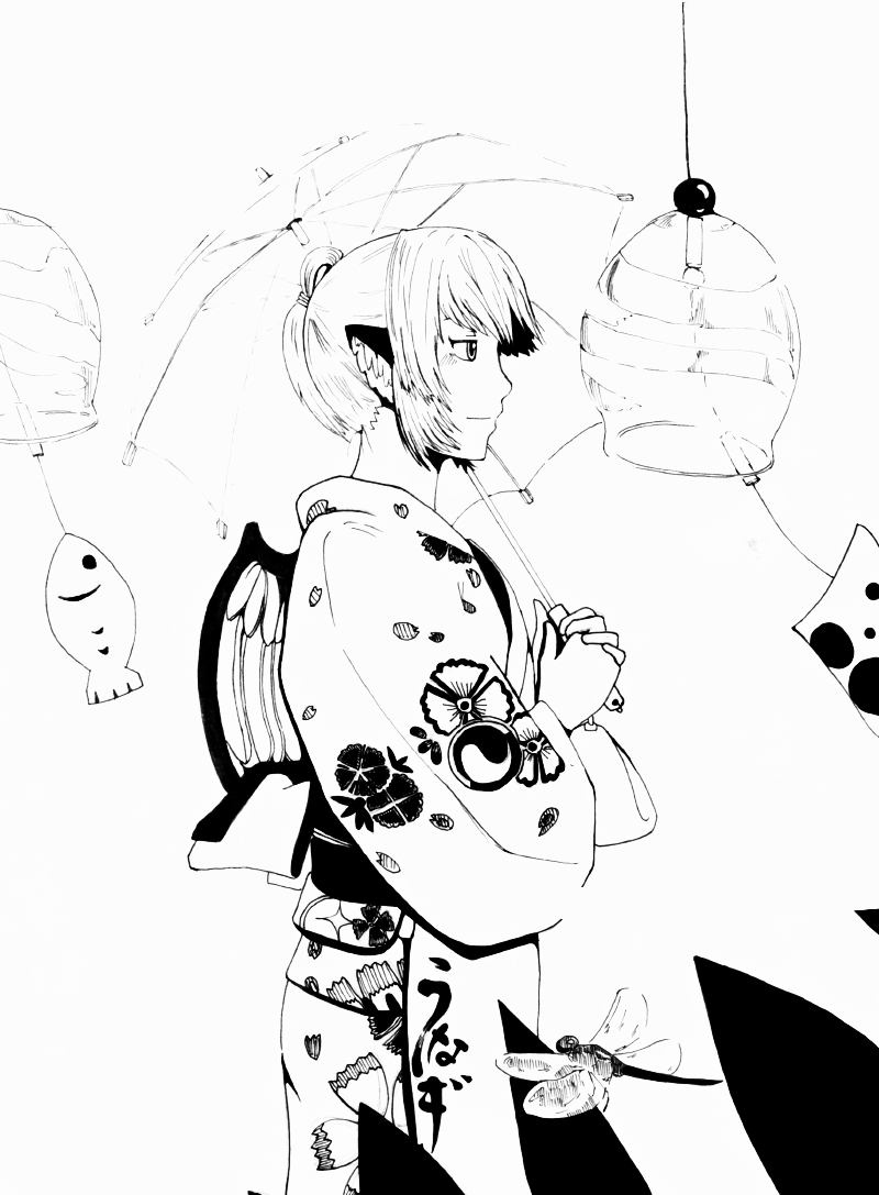 nihimaru, mystia lorelei, touhou, nib pen (medium), pen (medium), traditional media, 1girl, aged up, animal ears, bug, dragonfly, female focus, greyscale, insect, japanese clothes, kimono, monochrome, short hair, solo, umbrella, wind chime, wings