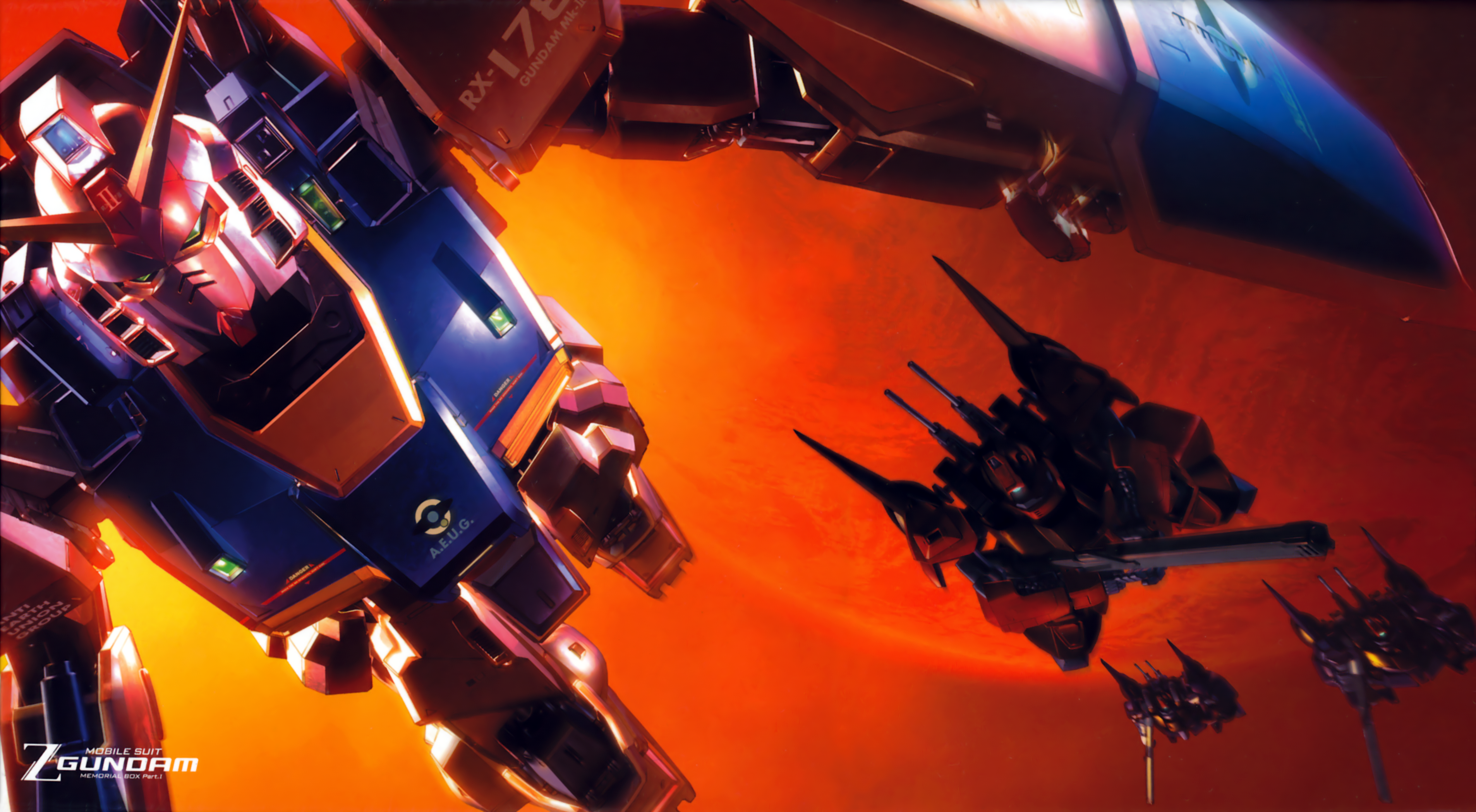 gundam mk ii, rick dias, gundam, zeta gundam, absurdres, artist request, highres, official art, painting (medium), scan, traditional media, aeug, army, bazooka (gundam), beam rifle, box art, emblem, energy gun, english text, fleet, green eyes, machinery, mecha, mecha focus, mobile suit, no humans, one-eyed, realistic, robot, roundel, science fiction, shield, space, sun, sunlight, title, v-fin, weapon, zero gravity