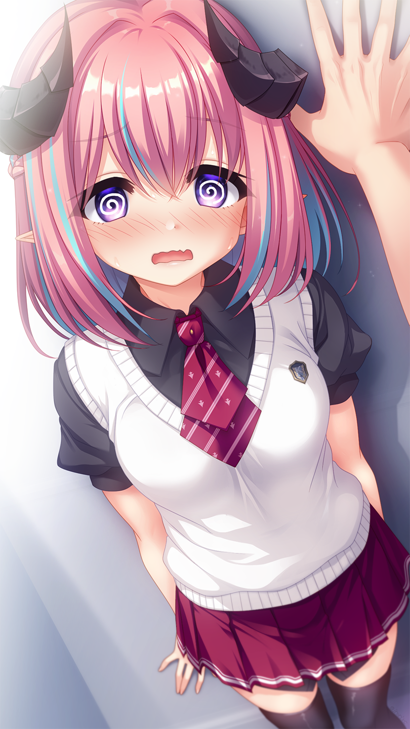 irori (irorixc), hellmilia van noxrose, hajimeru sekai no risouron, commentary request, commission, highres, paid reward available, skeb commission, 1boy, 1girl, @ @, arms behind back, black horns, black shirt, black thighhighs, blue hair, blush, collared shirt, cowboy shot, demon girl, demon horns, diagonal-striped clothes, diagonal-striped necktie, dutch angle, embarrassed, foreshortening, furrowed brow, hair between eyes, hair intakes, hetero, horns, kabedon, looking at viewer, medium hair, miniskirt, multicolored hair, necktie, nose blush, open mouth, pink hair, pleated skirt, pointy ears, pov, pov hands, purple eyes, red necktie, red skirt, school uniform, shirt, short necktie, short sleeves, skirt, solo focus, standing, straight hair, streaked hair, striped clothes, sweater vest, thighhighs, wavy mouth, white sweater vest, zettai ryouiki