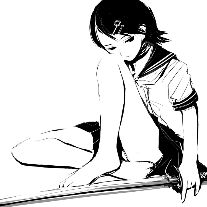 fuura kafuka, sayonara zetsubou sensei, 00s, katana, monochrome, sword, weapon