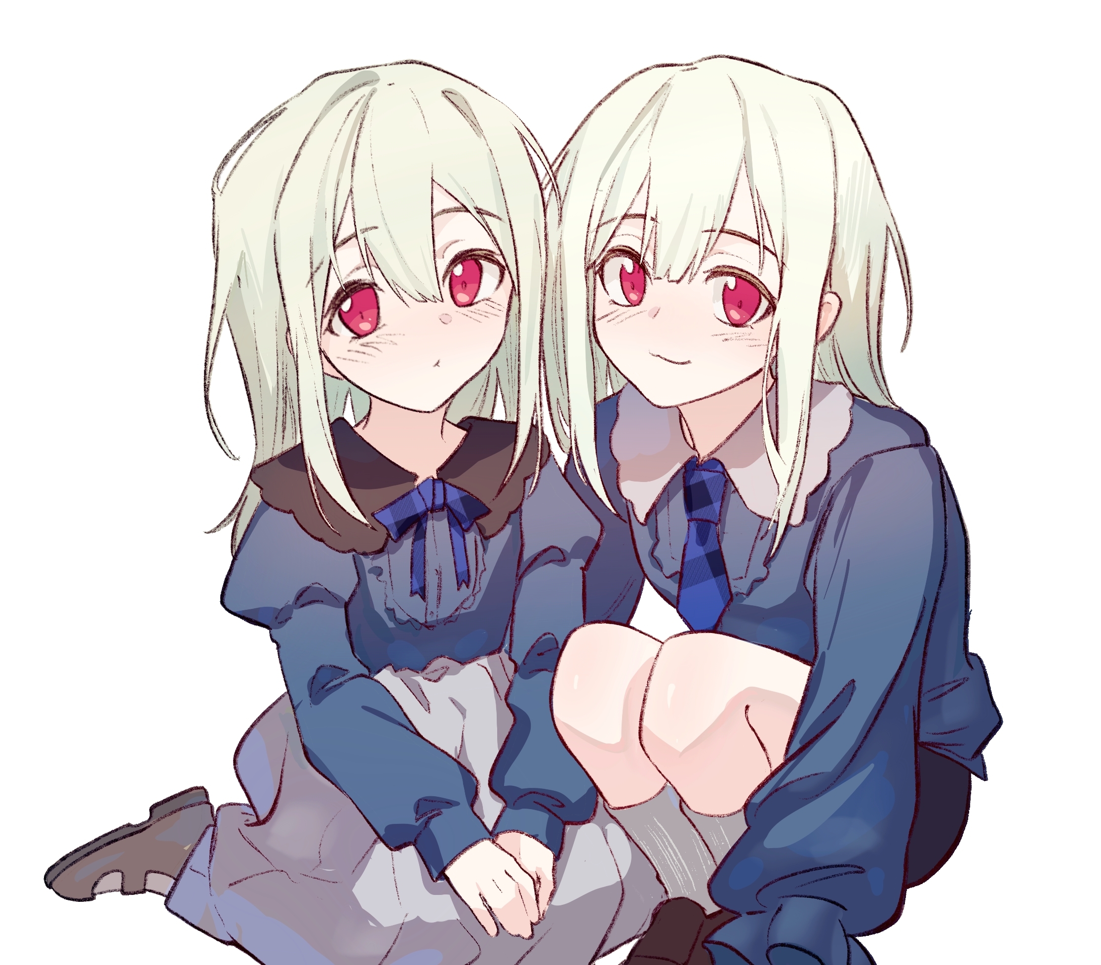 hero45439083942, bang dream!, bang dream! it's mygo!!!!!, original, chinese commentary, commentary request, highres, 2girls, :3, blue necktie, blue shirt, blush, green hair, grey skirt, hair between eyes, long hair, long sleeves, looking at viewer, multiple girls, necktie, red eyes, shirt, siblings, simple background, sisters, skirt, socks, squatting, twins, wakaba ameha, wakaba wakaho, white background, white socks