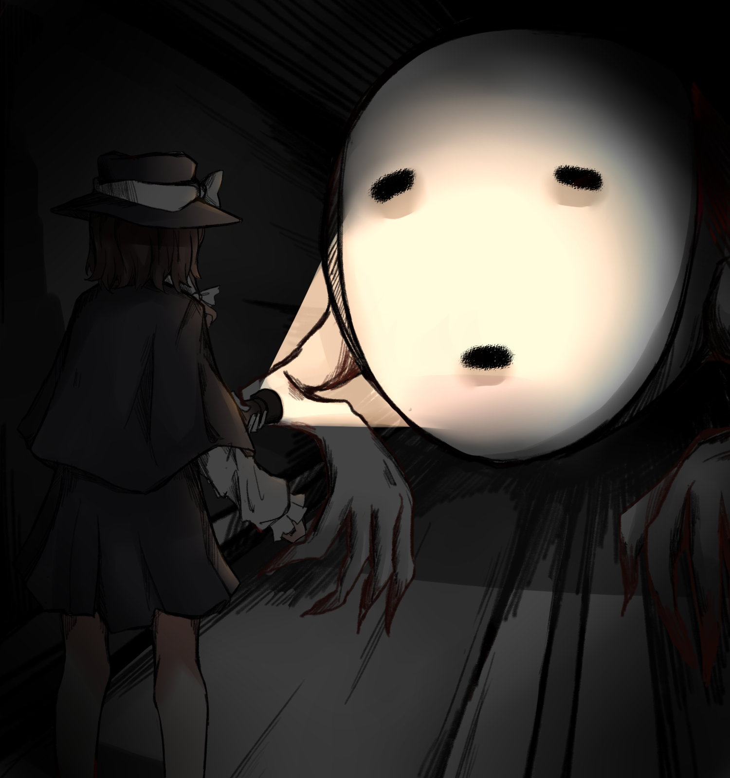 kano33, usami renko, touhou, commentary, english commentary, highres, 1girl, black capelet, black hat, black skirt, bow, bridge worm, brown hair, capelet, claws, clenched hand, creature, flashlight, hair bow, hat, hat bow, holding, holding flashlight, horror (theme), long sleeves, mask, open mouth, shirt, short hair, skirt, standing, tunnel, white shirt