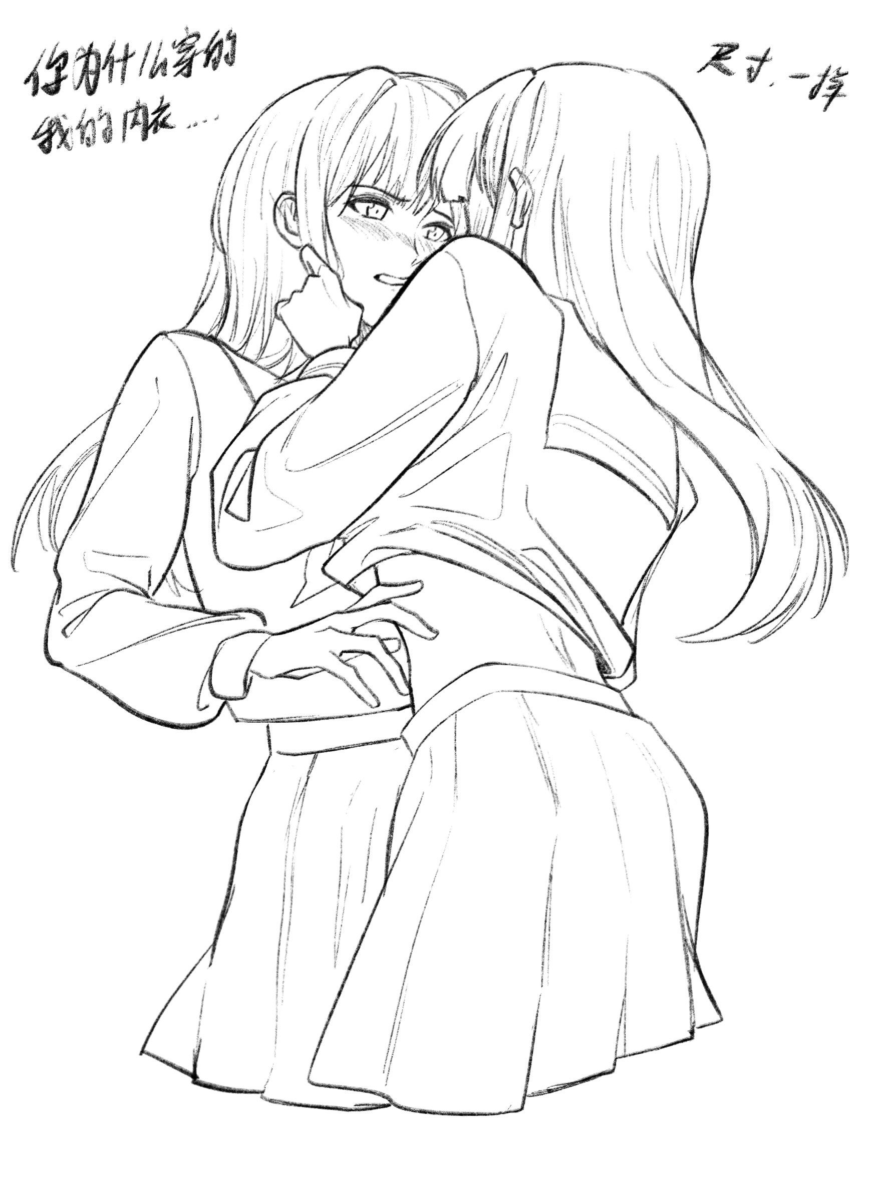 hero45439083942, bang dream!, bang dream! it's mygo!!!!!, original, chinese commentary, commentary request, highres, translation request, 2girls, blush, chinese text, clothes lift, ear blush, greyscale, long hair, monochrome, multiple girls, open mouth, school uniform, shirt lift, siblings, sidelocks, simple background, sisters, tsukinomori school uniform, twins, wakaba ameha, wakaba wakaho, white background