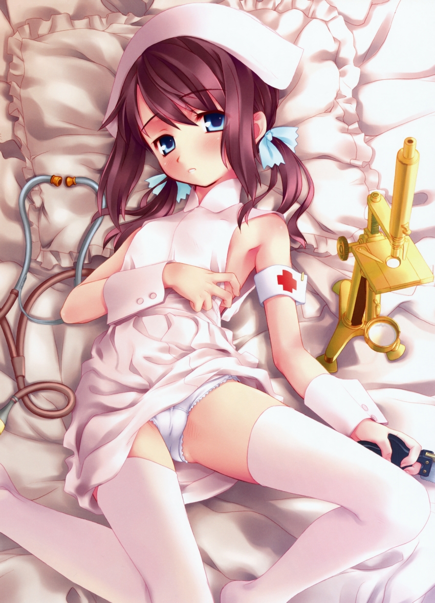 aoi kumiko, white headwear, 1girl, armband, bed, blue eyes, blue ribbon, blush, cameltoe, chibi, clothes lift, cosplay, cross, cuffs, dress, dress lift, hair ribbon, hat, holding, loli, long hair, looking at viewer, low twintails, lying, microscope, nurse, nurse cap, on bed, panties, parted lips, pillow, red cross, red hair, ribbon, sleeveless, sleeveless dress, stethoscope, teeth, thighhighs, twintails, underwear, white dress, white panties, white thighhighs, wrist cuffs