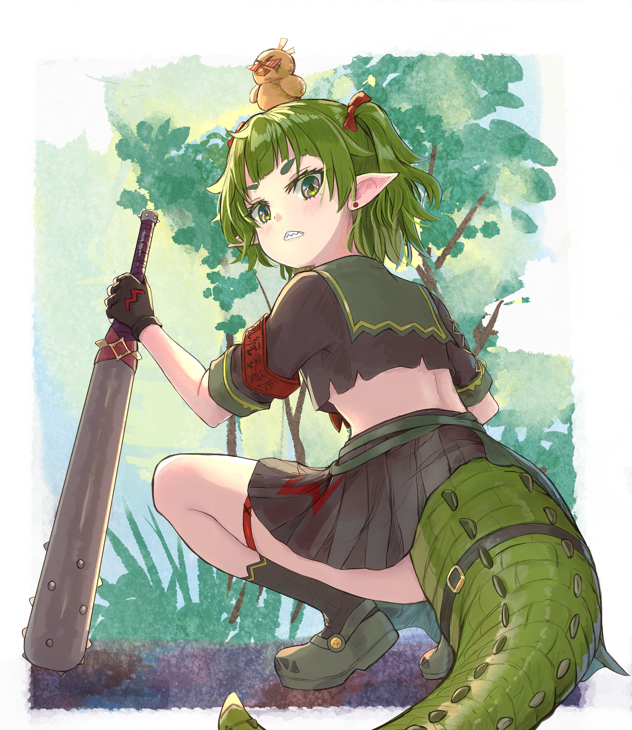 hikari niji, nitya nil, phase connect, commentary, english commentary, highres, 1girl, animal, animal on head, armband, ass, bird, black shirt, black skirt, black socks, club (weapon), crocs, crop top, duck, earrings, from behind, green eyes, green hair, green sailor collar, grey shoes, holding, holding club, holding weapon, jewelry, looking at viewer, looking back, midriff, on head, pleated skirt, pointy ears, sailor collar, sharp teeth, shirt, shoes, short eyebrows, short sleeves, skirt, socks, solo, squatting, stud earrings, teeth, thick eyebrows, tree, two side up, virtual youtuber, weapon