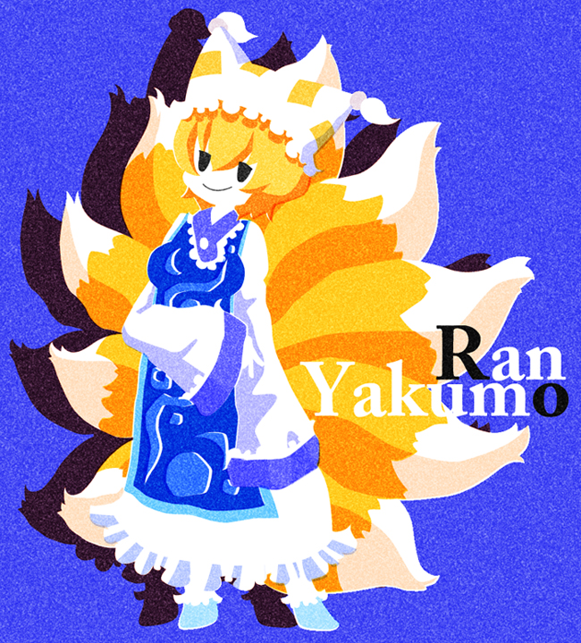 karaagetarou, yakumo ran, touhou, breast hold, 1girl, animal ears, animal hat, blonde hair, blue background, breasts, character name, female focus, fox ears, fox tail, hat, long sleeves, mob cap, multiple tails, shadow, short hair, simple background, sleeves past wrists, smile, socks, solo, standing, tail, tassel, wide sleeves