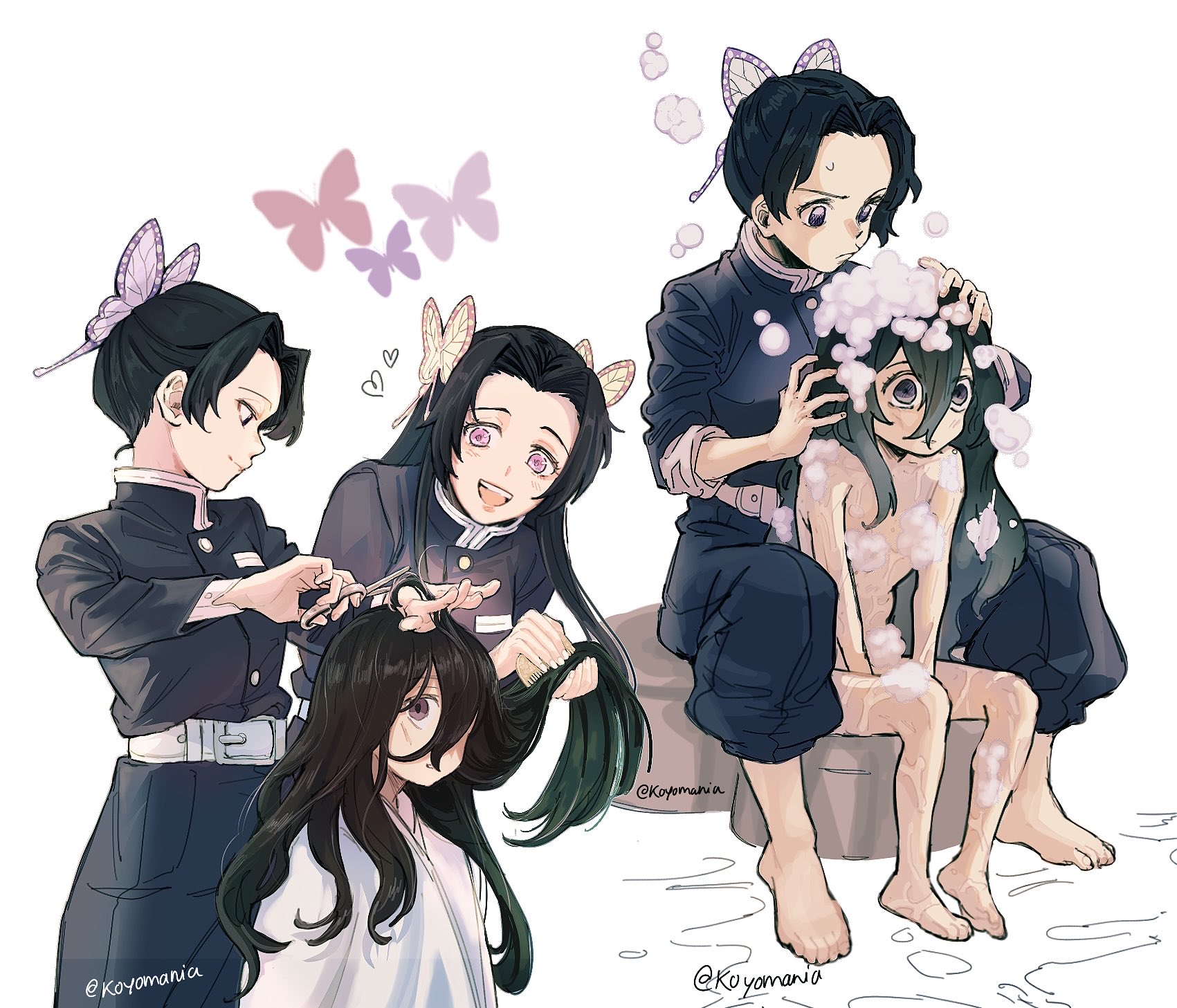 koyomania, kochou kanae, kochou shinobu, tsuyuri kanao, kimetsu no yaiba, commentary, highres, symbol-only commentary, 3girls, age difference, barefoot, bath stool, belt, black hair, black pants, blank stare, breasts, brushing another's hair, brushing hair, bug, butterfly, butterfly hair ornament, censored, closed mouth, clothed female nude female, curtained hair, cutting another's hair, cutting hair, demon slayer uniform, hair between eyes, hair ornament, height difference, holding, holding another's hair, holding scissors, insect, long hair, long sleeves, looking at another, multiple girls, multiple views, nude, open mouth, pants, pants rolled up, parted bangs, pink eyes, puckered lips, purple eyes, same-sex bathing, scissors, shared bathing, short hair, siblings, simple background, sisters, sitting, sleeves rolled up, small breasts, smile, soap bubbles, stool, teeth, twitter username, upper teeth only, wet, white background, white belt, wide-eyed