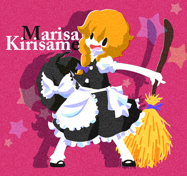 karaagetarou, kirisame marisa, touhou, 1girl, blonde hair, bow, braid, broom, character name, female focus, full body, hair bow, hat, long hair, open mouth, ribbon, solo, star (symbol)