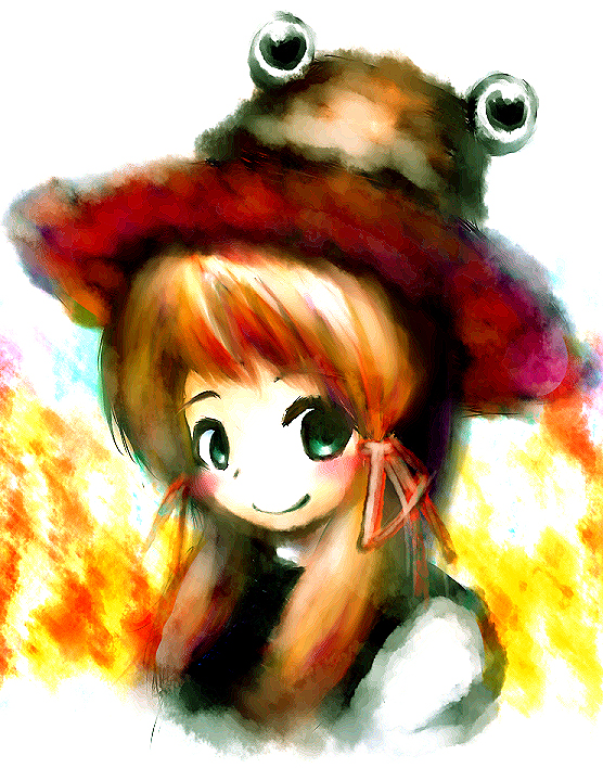 shuu (sirokumasabu), moriya suwako, touhou, 1girl, blonde hair, blush, female focus, green eyes, sidelocks, simple background, smile, solo, swept bangs, upper body, white background