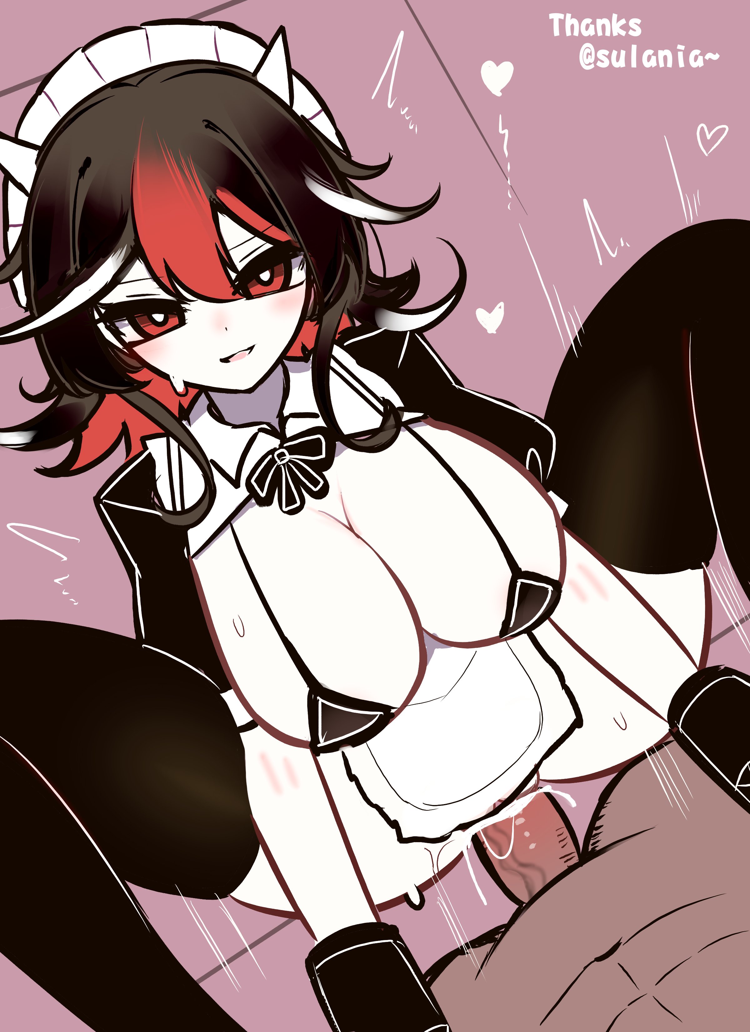 shen bi ren (user rjgy2824), kijin seija, touhou, absurdres, chinese commentary, commentary request, highres, variant set, 1boy, 1girl, alternate costume, apron, black bow, black bowtie, black bra, black dress, black hair, black thighhighs, blush, bow, bowtie, bra, breasts, bright pupils, cone horns, cowgirl position, dress, enmaided, feet out of frame, girl on top, hetero, horns, large breasts, looking at viewer, maid, maid headdress, multicolored hair, open mouth, penis, pov, pov crotch, purple background, pussy, red eyes, red hair, sex, short hair, small horns, smile, solo focus, straddling, streaked hair, thighhighs, uncensored, underwear, vaginal, waist apron, white apron, white hair, white pupils