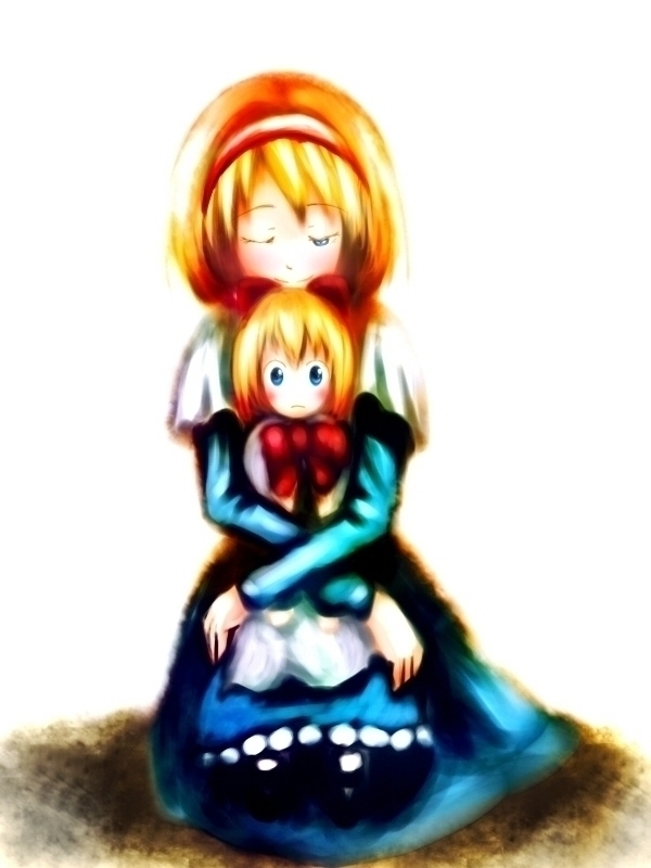 shuu (sirokumasabu), alice margatroid, shanghai doll, touhou, 1girl, blonde hair, blue dress, blue eyes, bow, bowtie, closed eyes, dress, female focus, hug, kiss, looking at viewer, one eye closed, red bow, red bowtie, seiza, short hair, simple background, sitting, solo, white background, wink