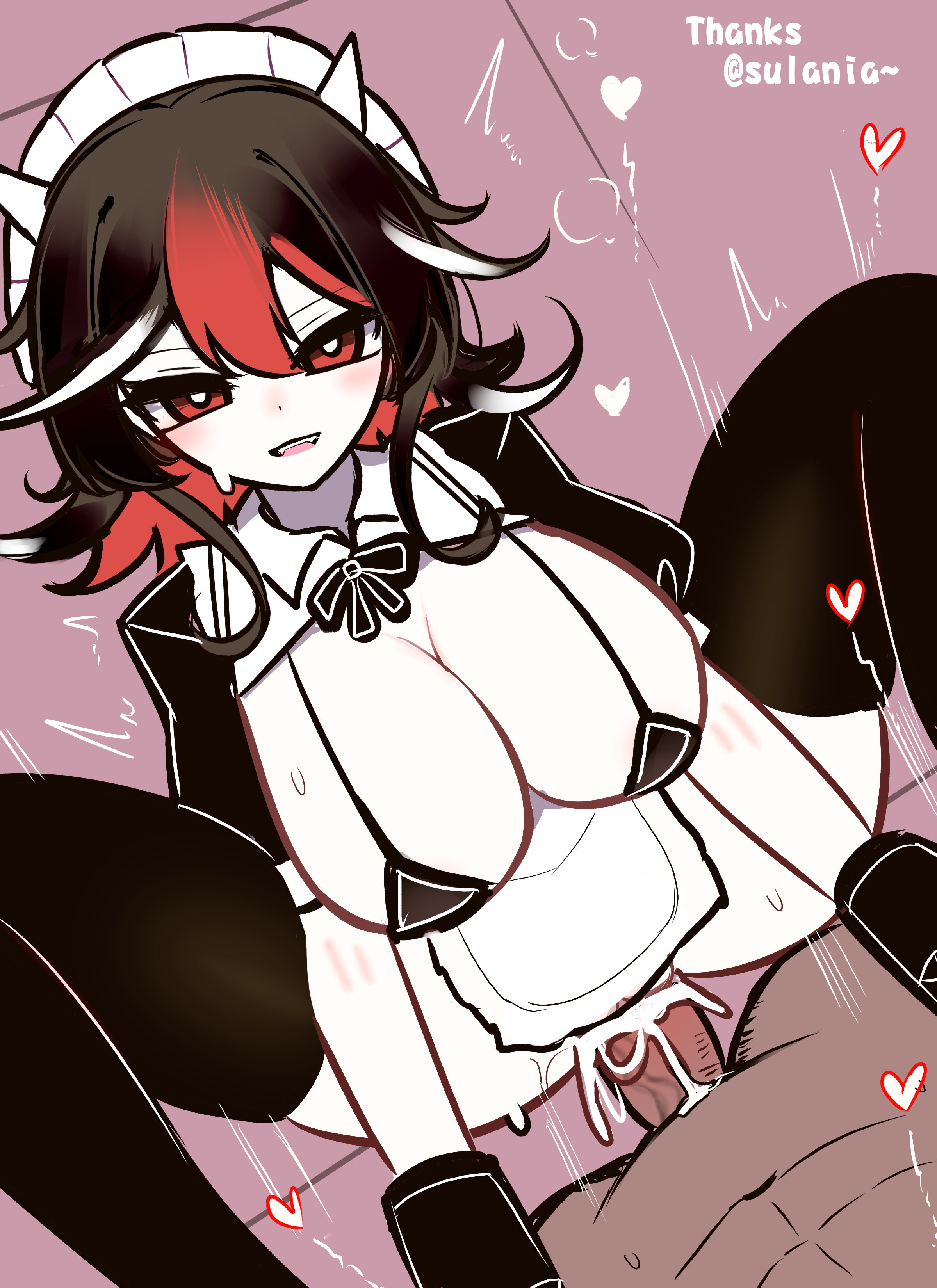 shen bi ren (user rjgy2824), kijin seija, touhou, absurdres, chinese commentary, commentary request, highres, variant set, 1boy, 1girl, alternate costume, apron, black bow, black bowtie, black bra, black dress, black hair, black thighhighs, blush, bow, bowtie, bra, breasts, bright pupils, cone horns, cowgirl position, cum, cum in pussy, cum overflow, dress, ejaculation, enmaided, feet out of frame, girl on top, hetero, horns, large breasts, looking at viewer, maid, maid headdress, multicolored hair, open mouth, penis, pov, pov crotch, purple background, pussy, red eyes, red hair, sex, short hair, small horns, smile, solo focus, straddling, streaked hair, thighhighs, uncensored, underwear, vaginal, waist apron, white apron, white hair, white pupils