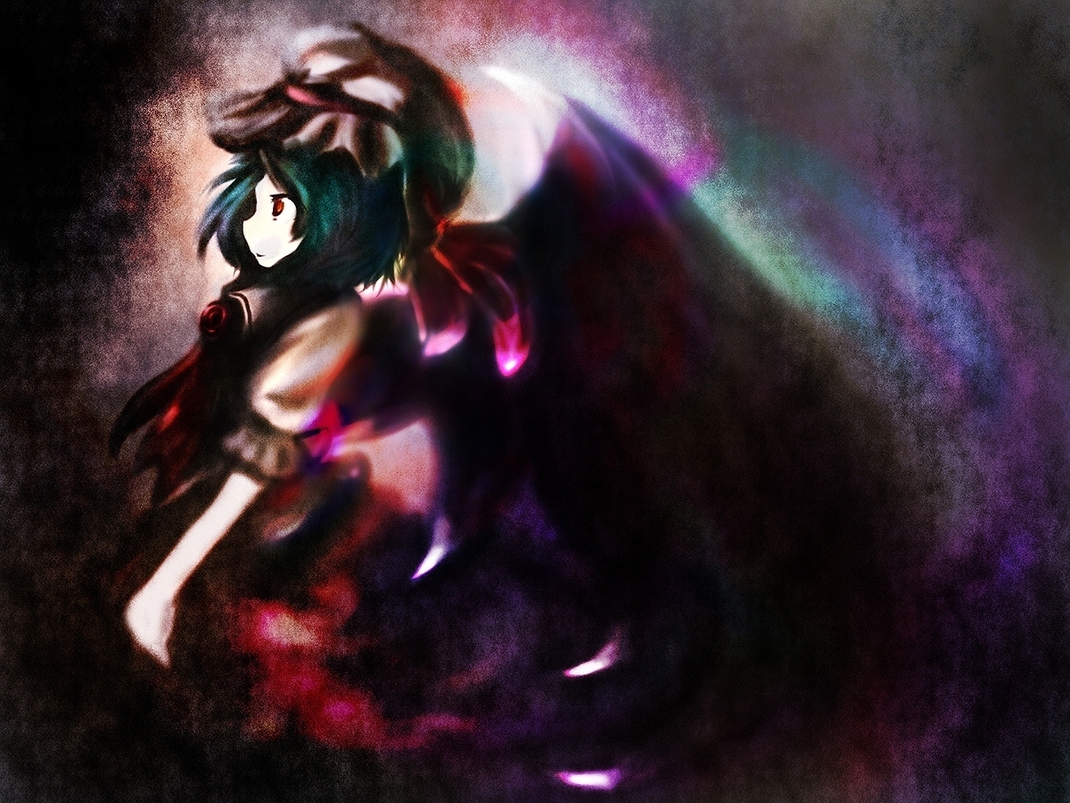 shuu (sirokumasabu), remilia scarlet, touhou, 1girl, dress, female focus, from side, green hair, hat, mob cap, pink dress, profile, puffy short sleeves, puffy sleeves, red eyes, short hair, short sleeves, solo, upper body