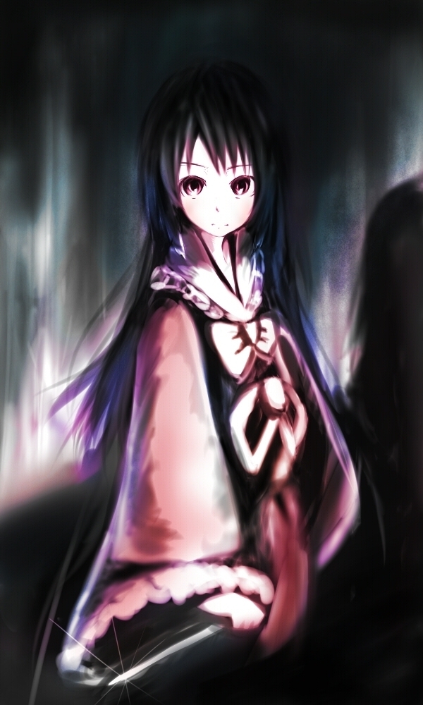 shuu (sirokumasabu), houraisan kaguya, touhou, 1girl, black eyes, black hair, blouse, bow, bowtie, expressionless, female focus, knife, long hair, long sleeves, looking at viewer, outstretched arm, shirt, solo, very long hair, weapon, white bow, white bowtie