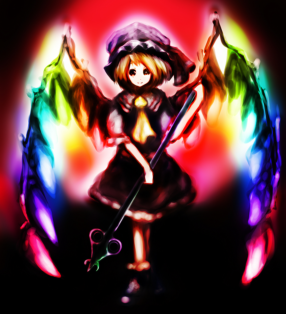 shuu (sirokumasabu), flandre scarlet, darkstalkers, touhou, 1girl, ascot, blonde hair, crystal, dress, female focus, looking at viewer, puffy short sleeves, puffy sleeves, red dress, red eyes, short sleeves, solo, standing, stick