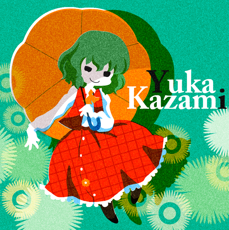 karaagetarou, kazami yuuka, touhou, 1girl, ascot, character name, female focus, flower, green hair, parasol, plaid clothes, plaid skirt, plaid vest, short hair, skirt, skirt set, smile, solo, umbrella, unmoving pattern, vest