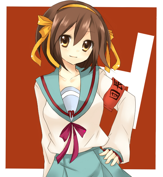 yuyupo, suzumiya haruhi, suzumiya haruhi no yuuutsu, bad id, bad pixiv id, 00s, armband, brown eyes, brown hair, hairband, hand on own hip, hip focus, school uniform, serafuku, short hair, solo