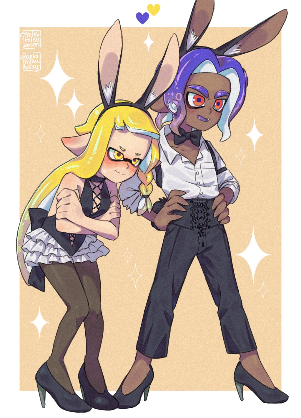 ariamikukanzaki, nintendo, splatoon (series), splatoon 3, commentary, highres, 1boy, 1girl, animal ear hairband, animal ears, black bow, black bowtie, black hairband, black leotard, black pants, black pantyhose, blonde hair, blue hair, blush, bow, bowtie, braid, breasts, bunny day, dark-skinned male, dark skin, dress shirt, embarrassed, eyebrow cut, fake animal ears, fake tail, fangs, frilled leotard, frills, hairband, hands on own hips, heart, high heels, hirooooo (splatoon), inkling, leotard, long hair, nontraditional playboy bunny, octoling, pants, pantyhose, pointy ears, rabbit ear hairband, rabbit ears, rabbit tail, red eyes, shirt, side braid, signature, small breasts, tail, tentacle hair, veronika (splatoon), very dark skin, white shirt, yellow eyes